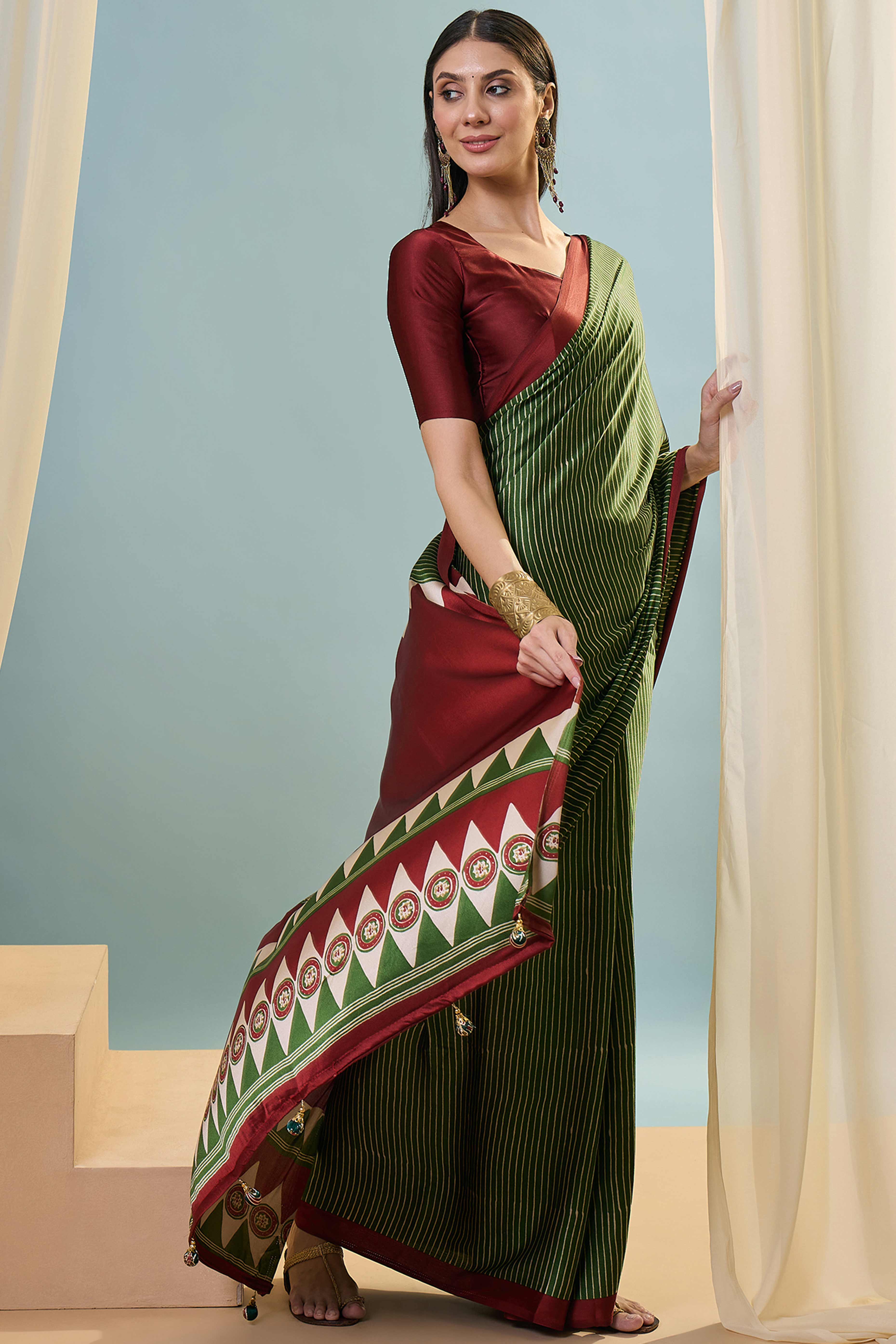 Green Ajrakh Print Satin Saree With Traditional Charm