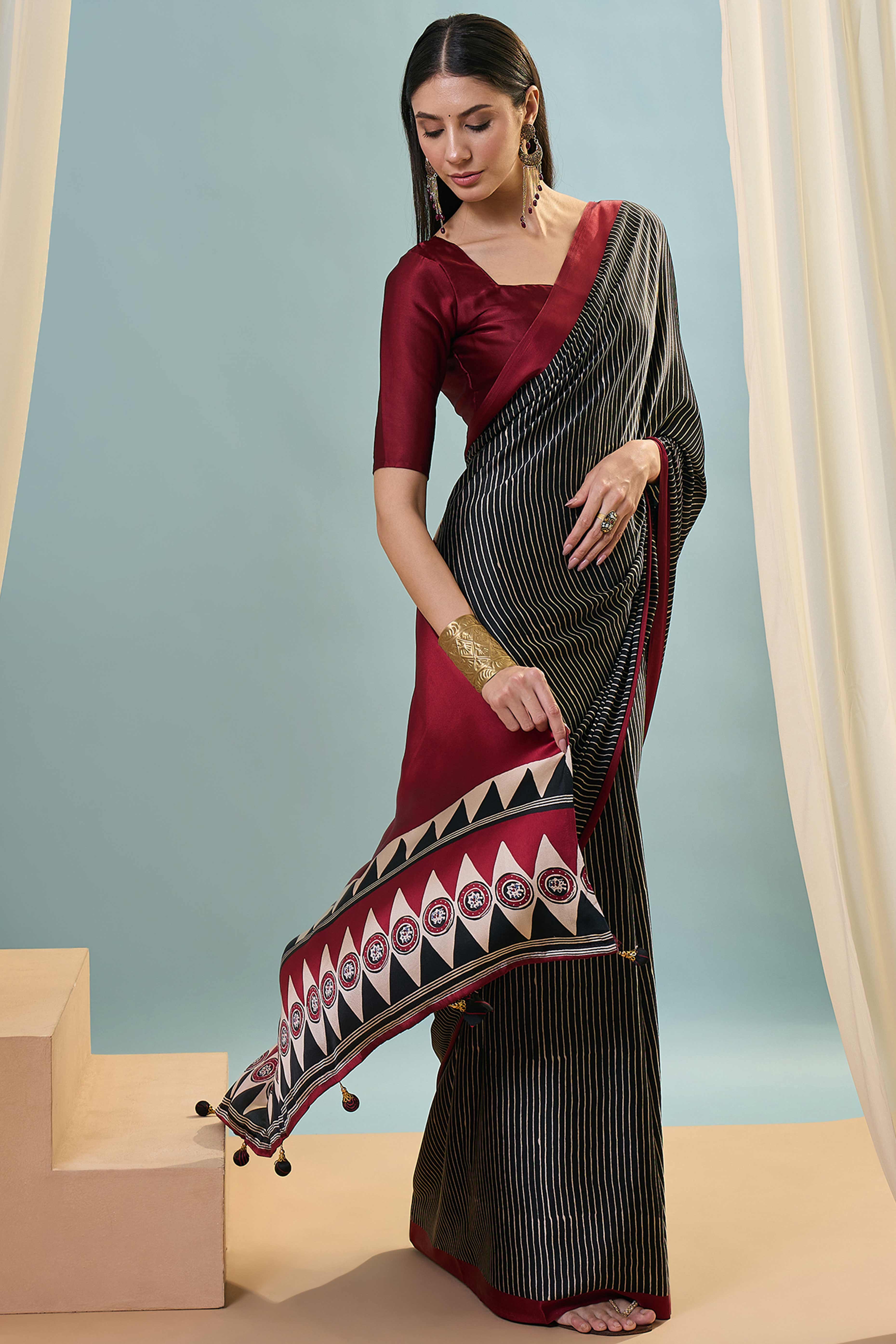 Black Ajrakh Print Satin Saree With Traditional Charm