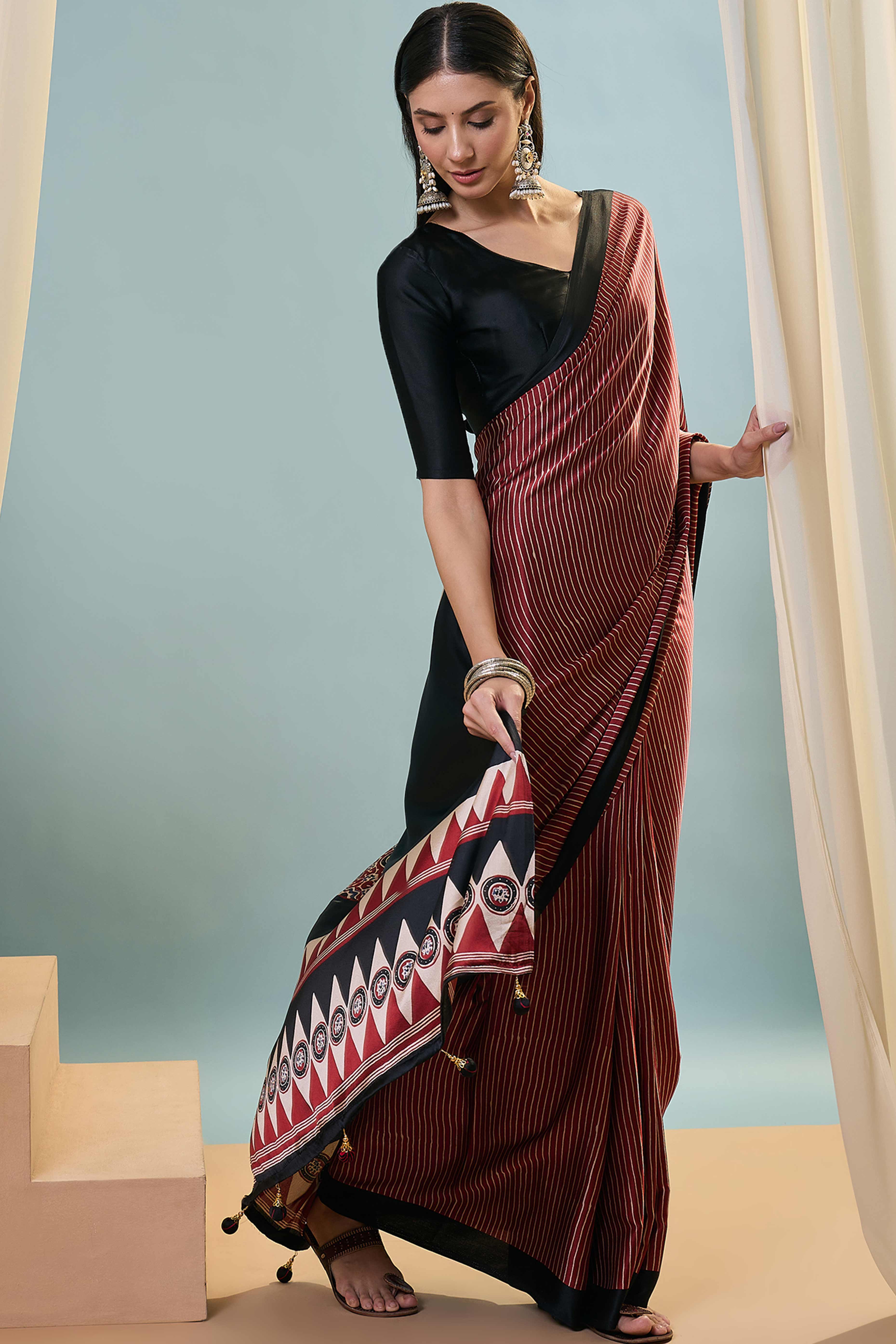 Maroon Ajrakh Print Satin Saree With Traditional Charm