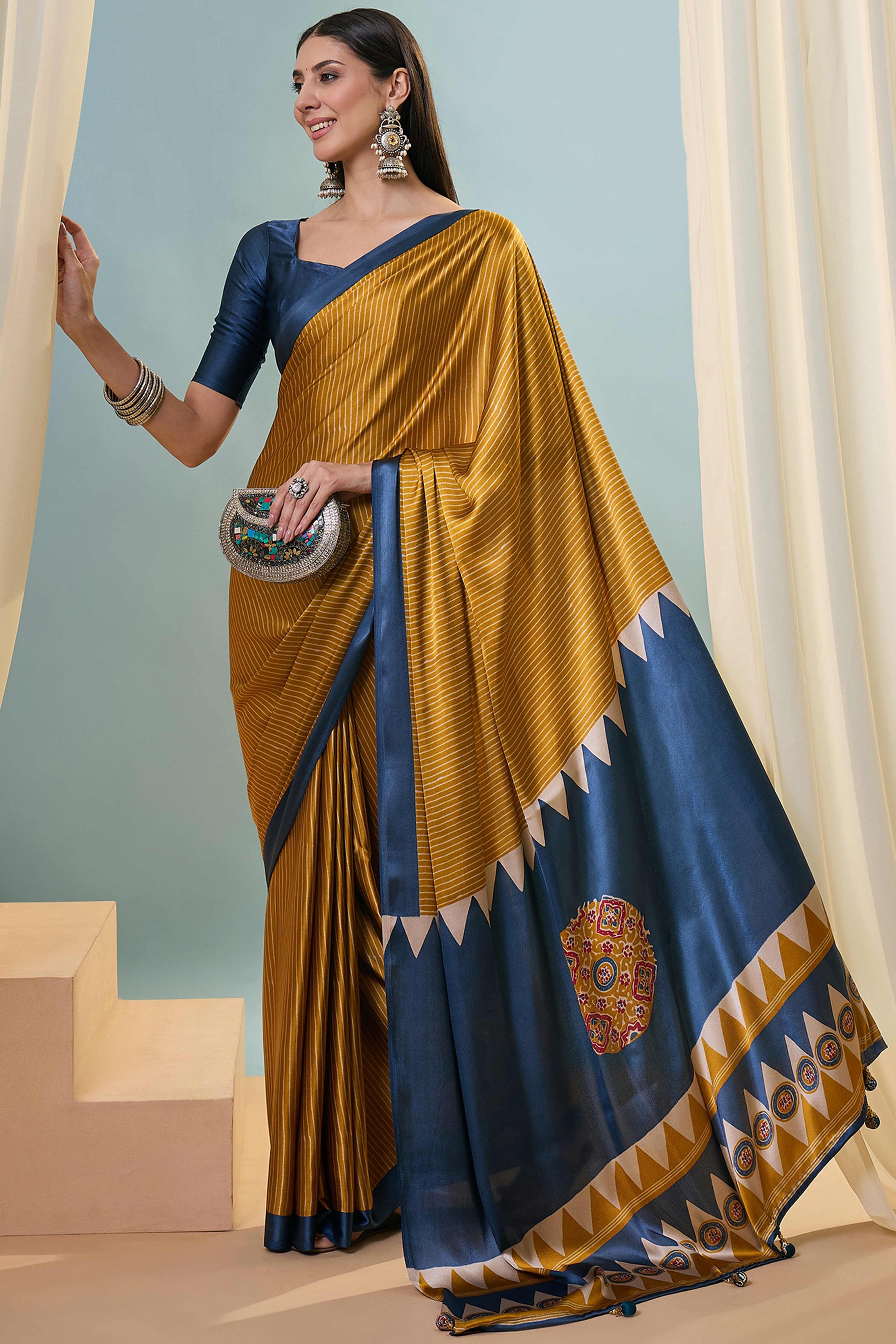 Mustard Ajrakh Print Satin Saree With Traditional Charm