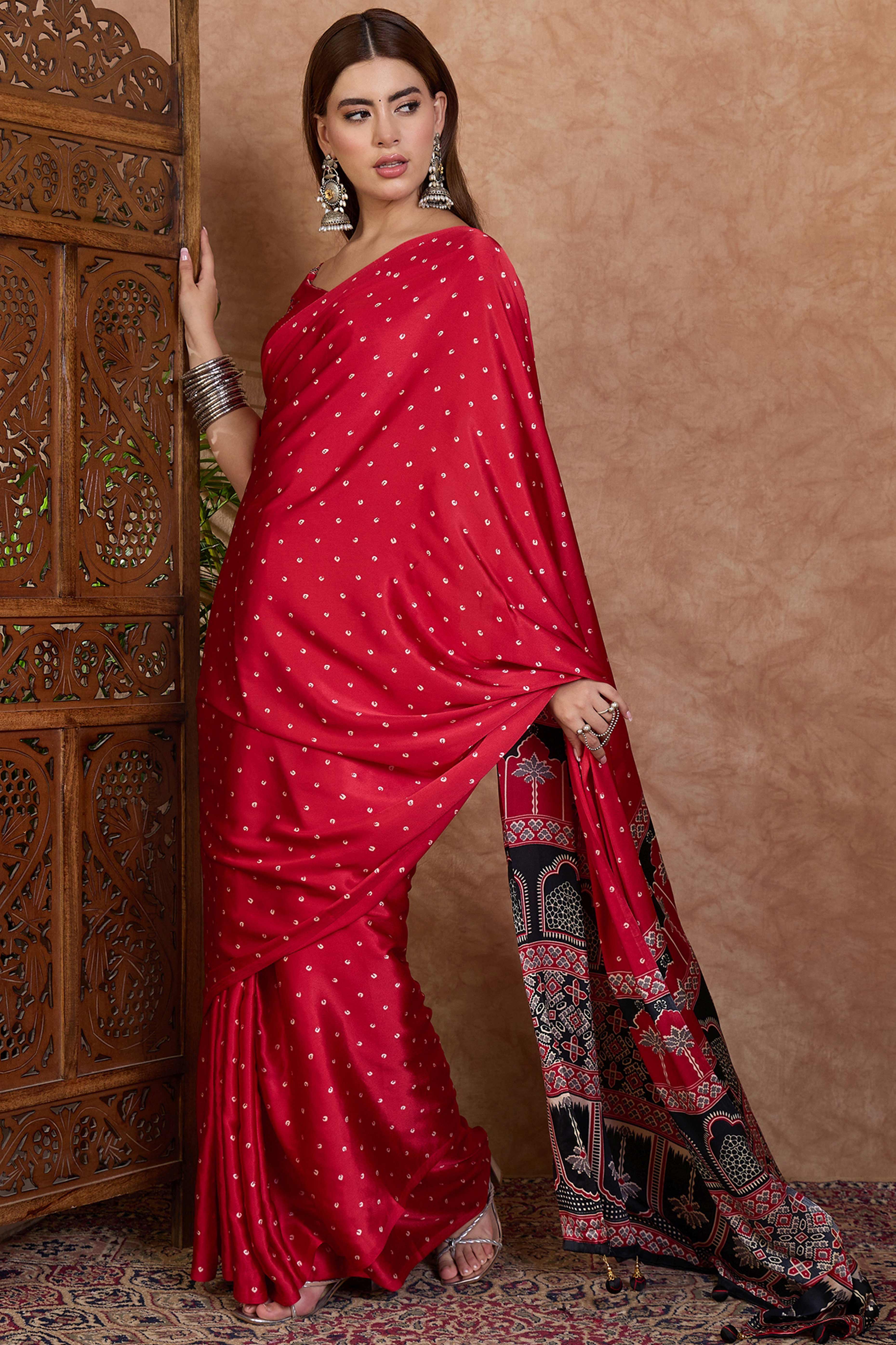 Red Polka Dot Modal Satin Saree with Traditional Ajrakh Detailing on Pallu