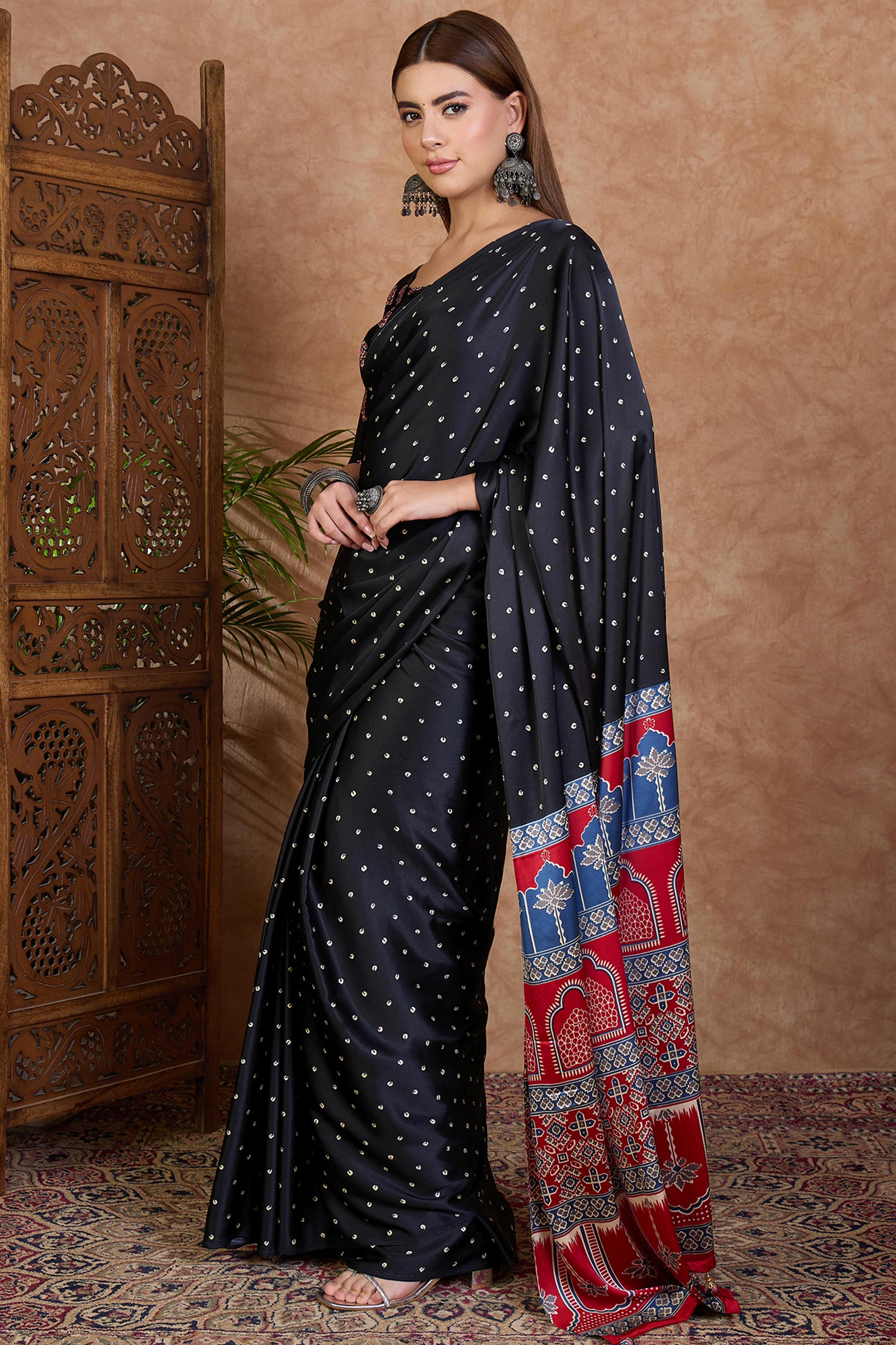 Black Polka Dot Modal Satin Saree with Traditional Ajrakh Detailing on Pallu