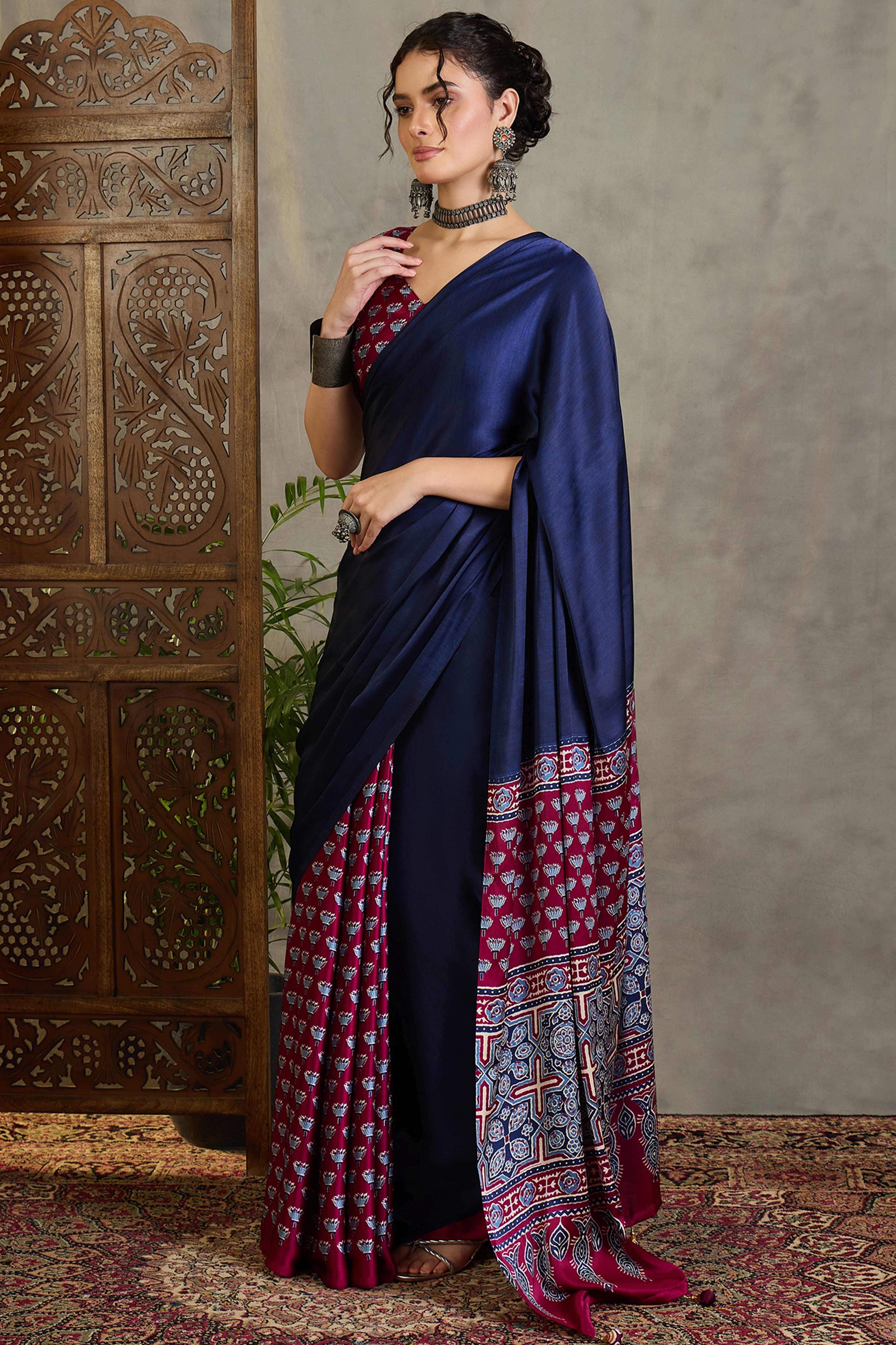 Wine Solid Modal Satin Saree Highlighted with Classic Ajrakh Pallu Design