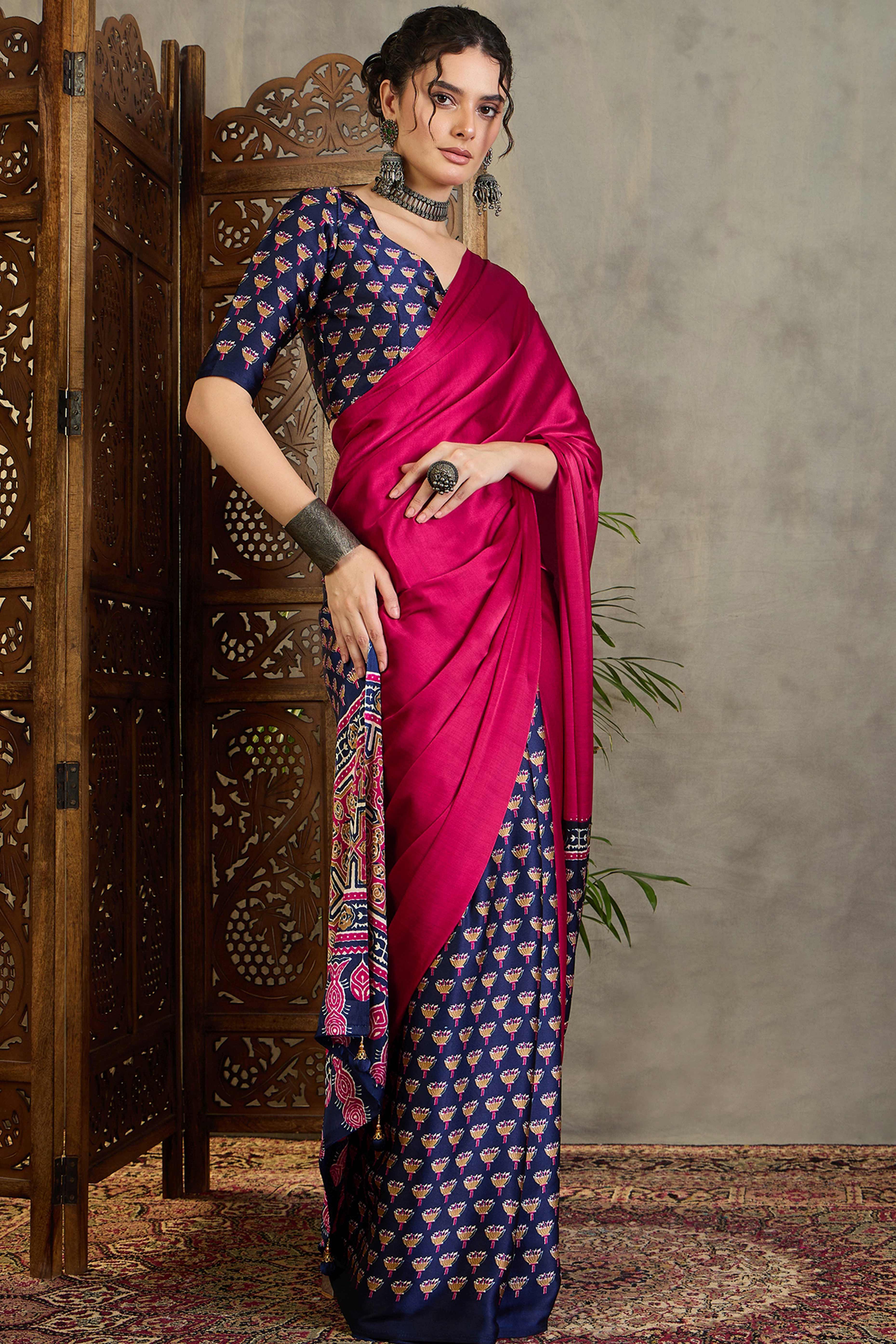 Blue Solid Modal Satin Saree Highlighted with Classic Ajrakh Pallu Design