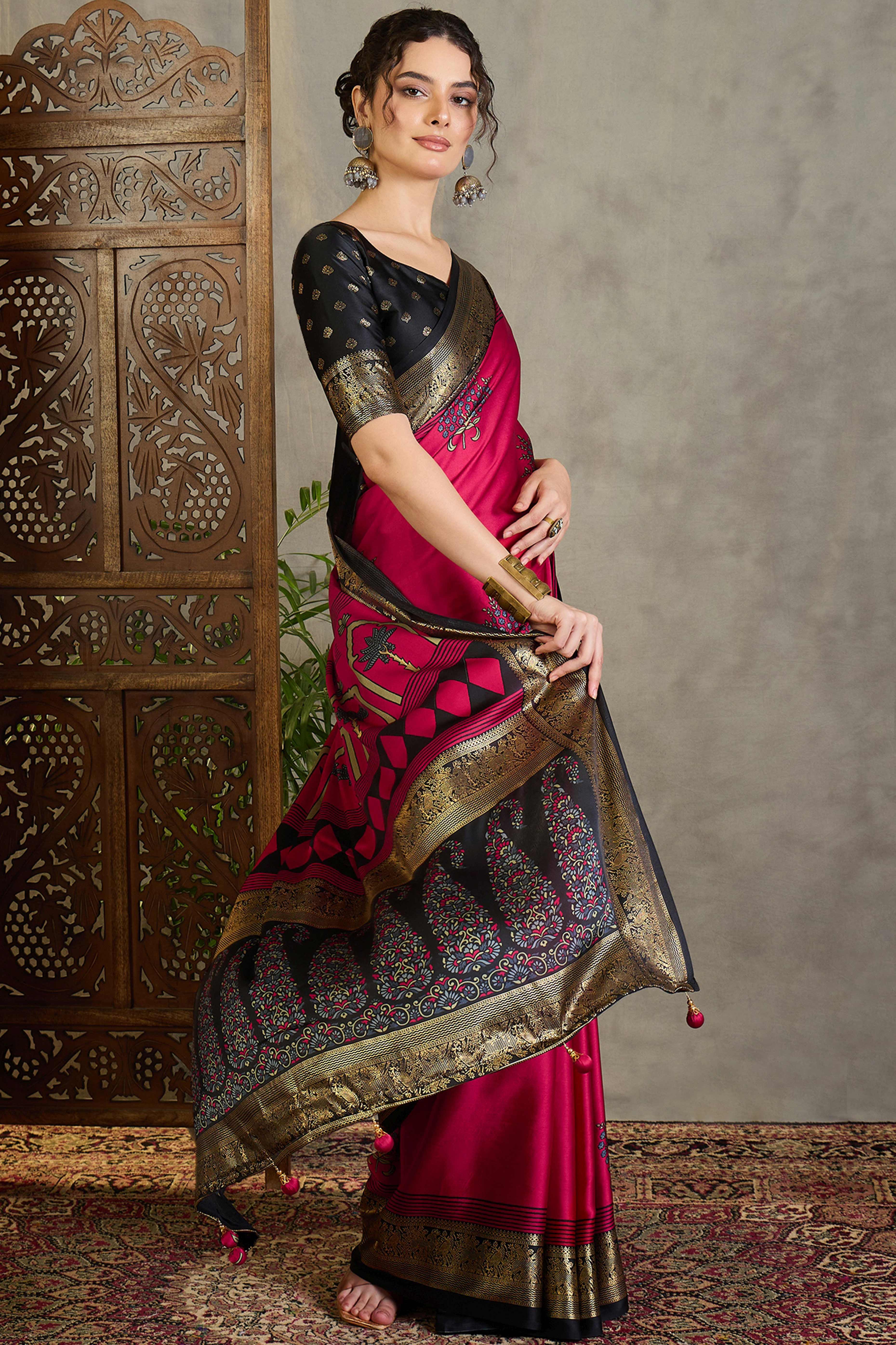 Red Floral Printed Modal Satin Saree with Traditional Zari Detailing