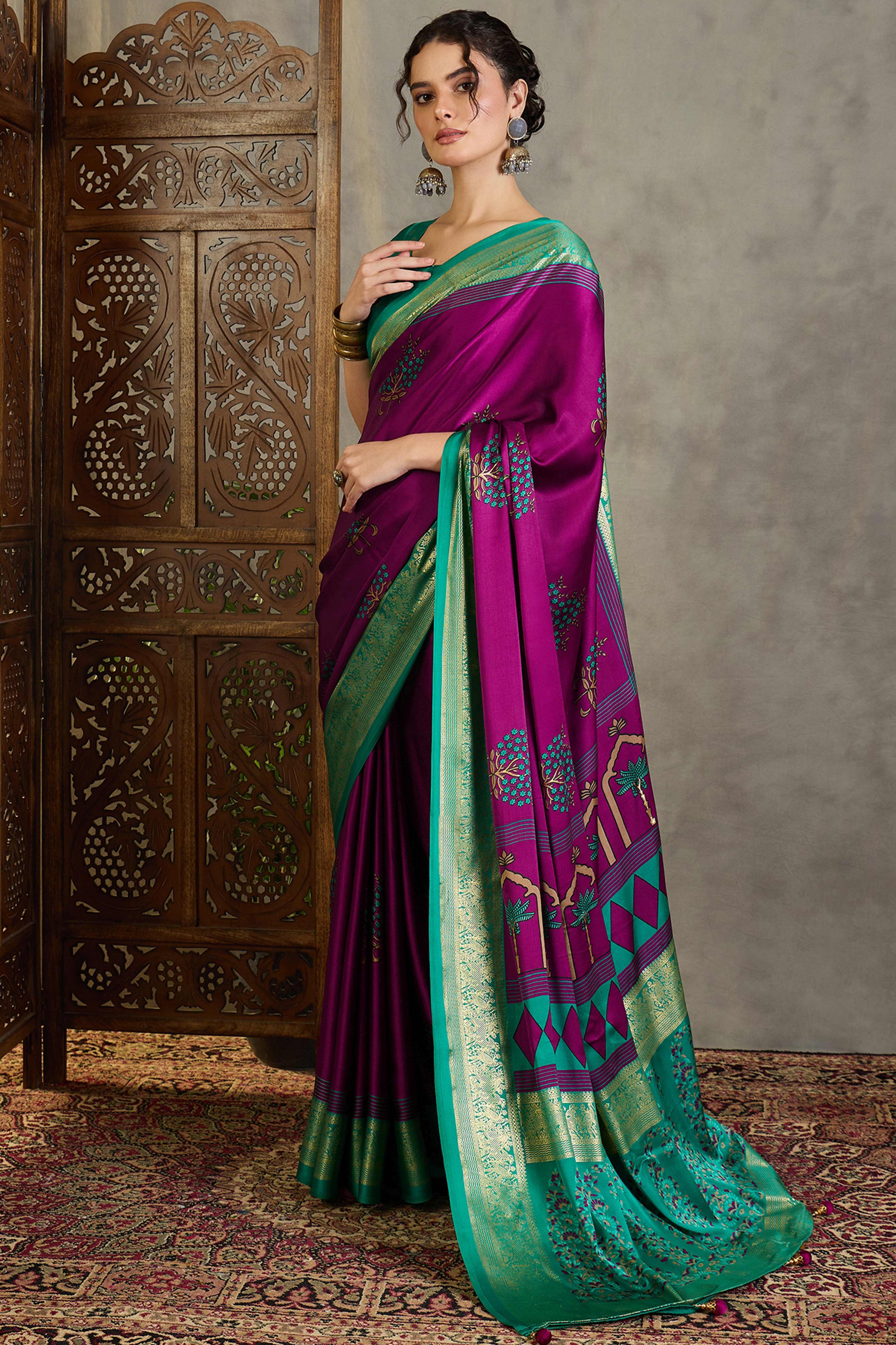 Magenta Floral Printed Modal Satin Saree with Traditional Zari Detailing