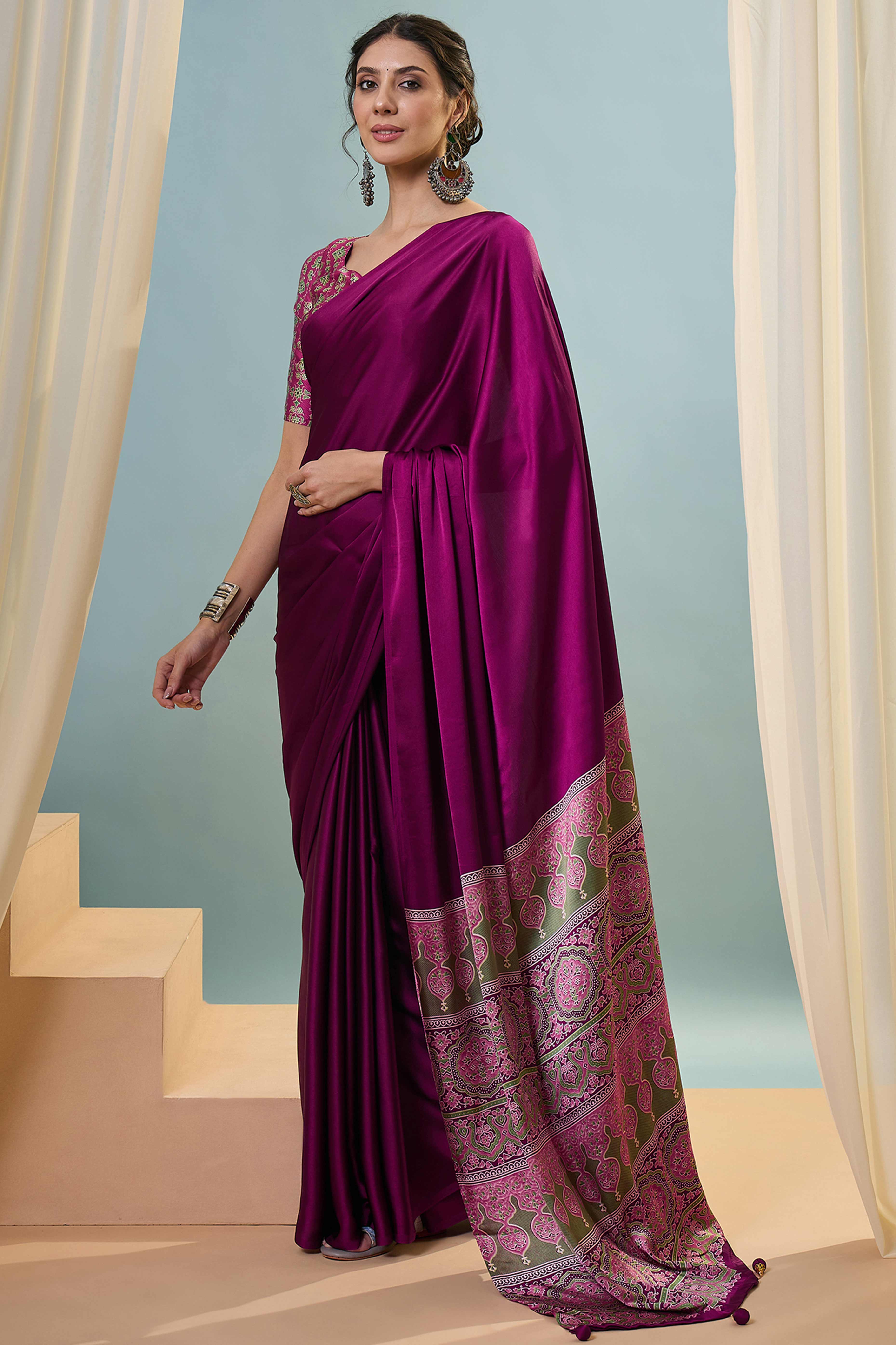 Magenta Solid Modal Satin Saree Highlighted With Classic Ajrakh Pallu Design