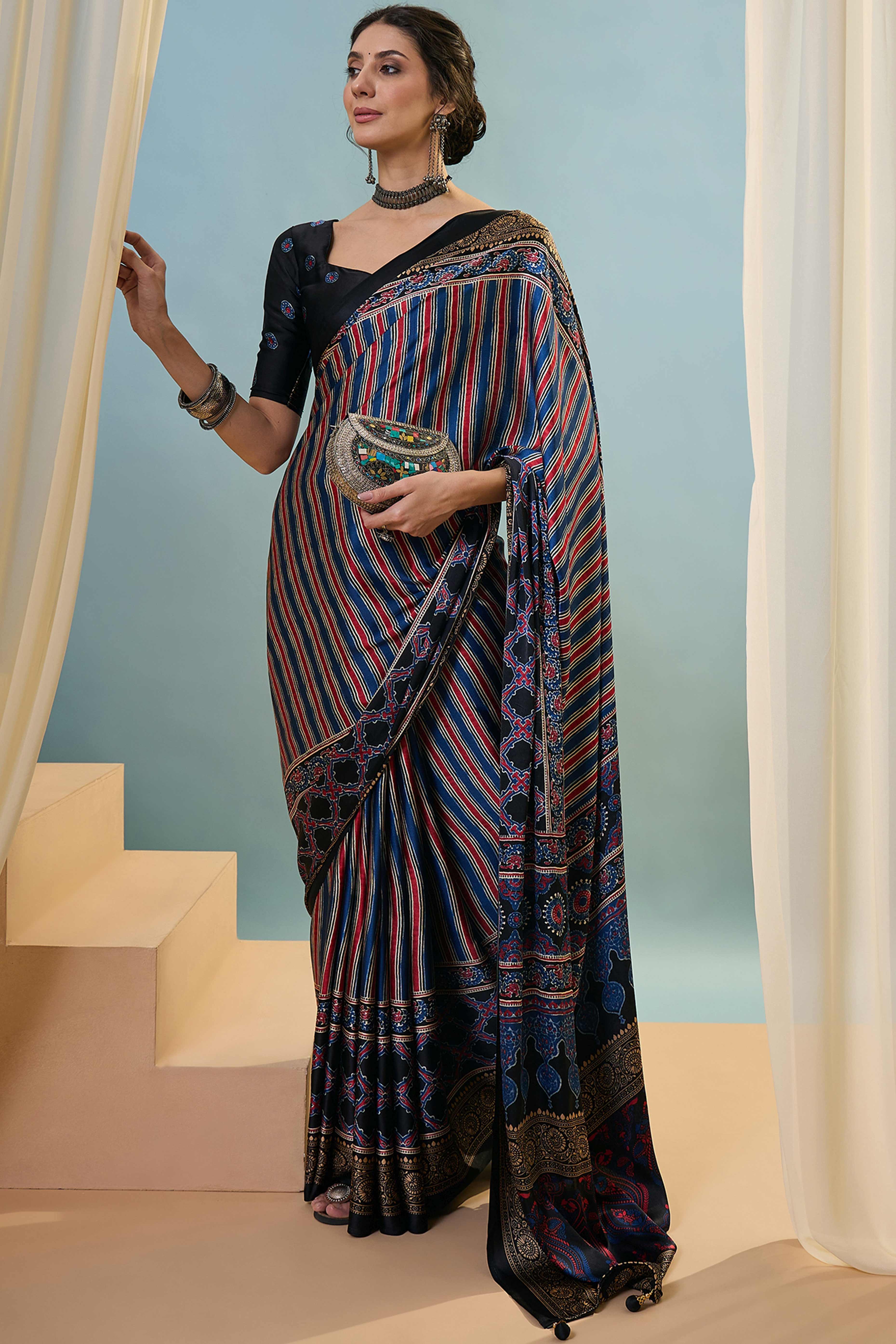 Modern Black Striped Printed Modal Satin Saree with Luxurious Flow and Shine