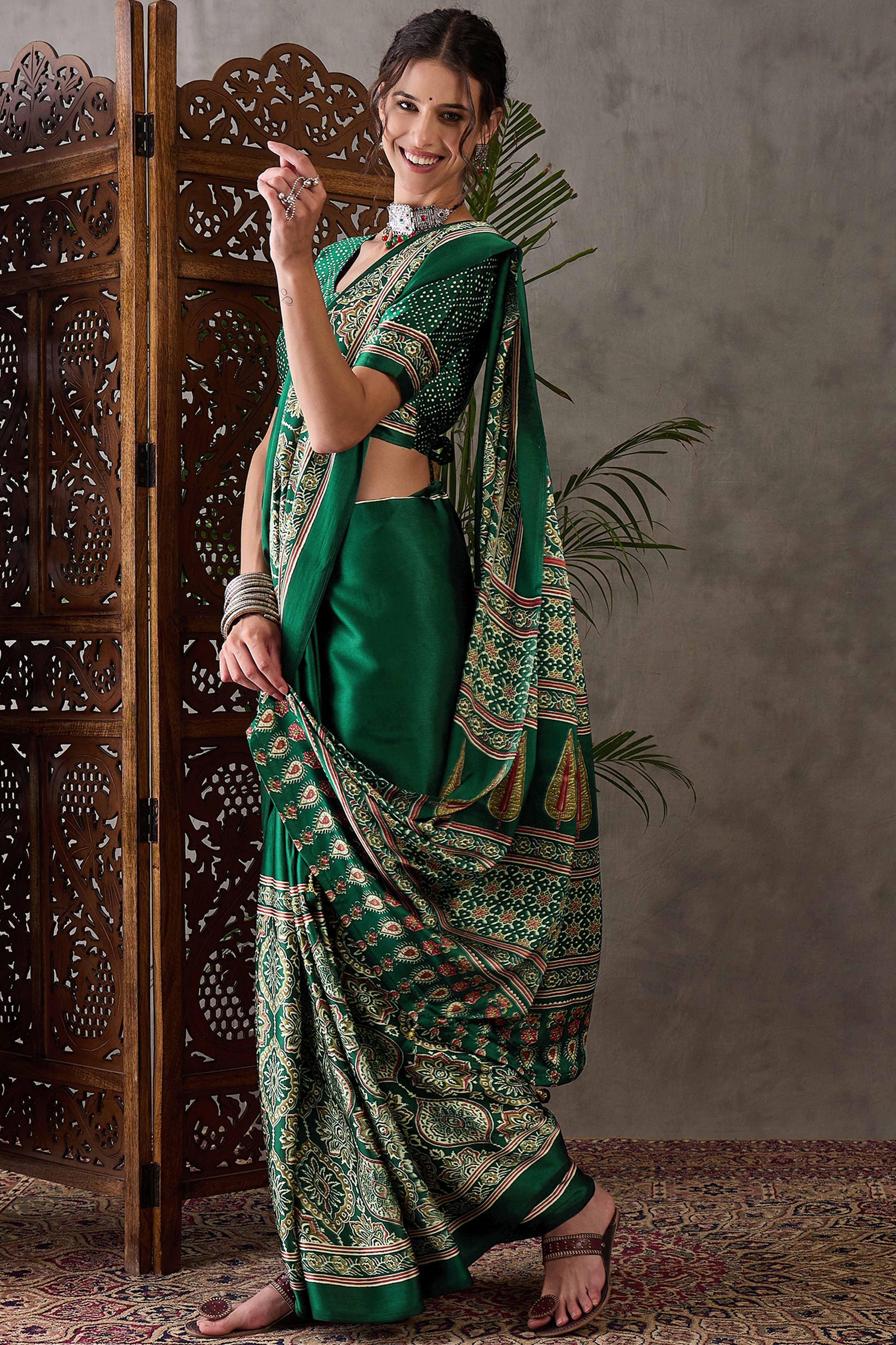 Green Ajrakh Printed Modal Satin Saree with Rich Party Wear Look