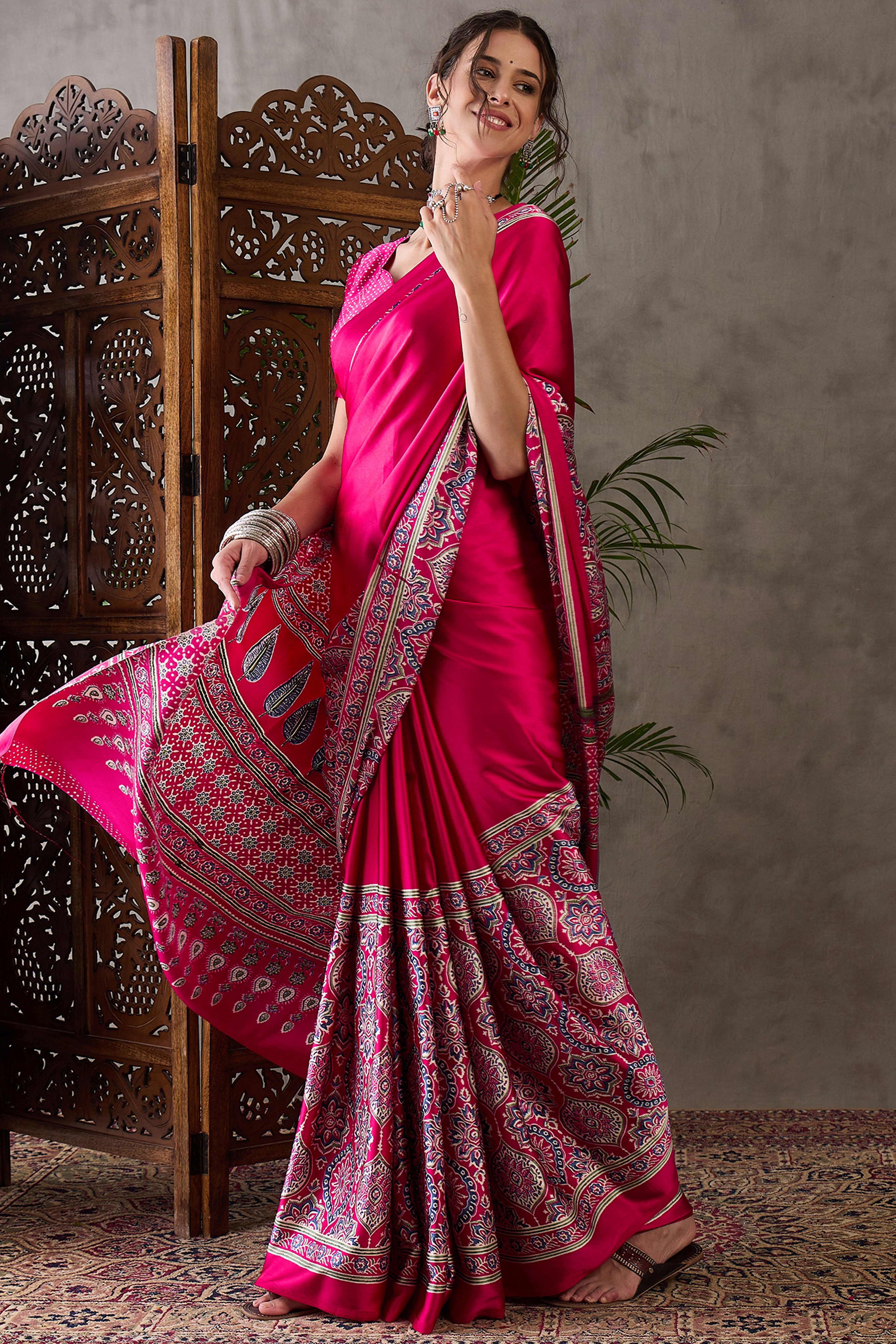 Pink Ajrakh Printed Modal Satin Saree with Rich Party Wear Look