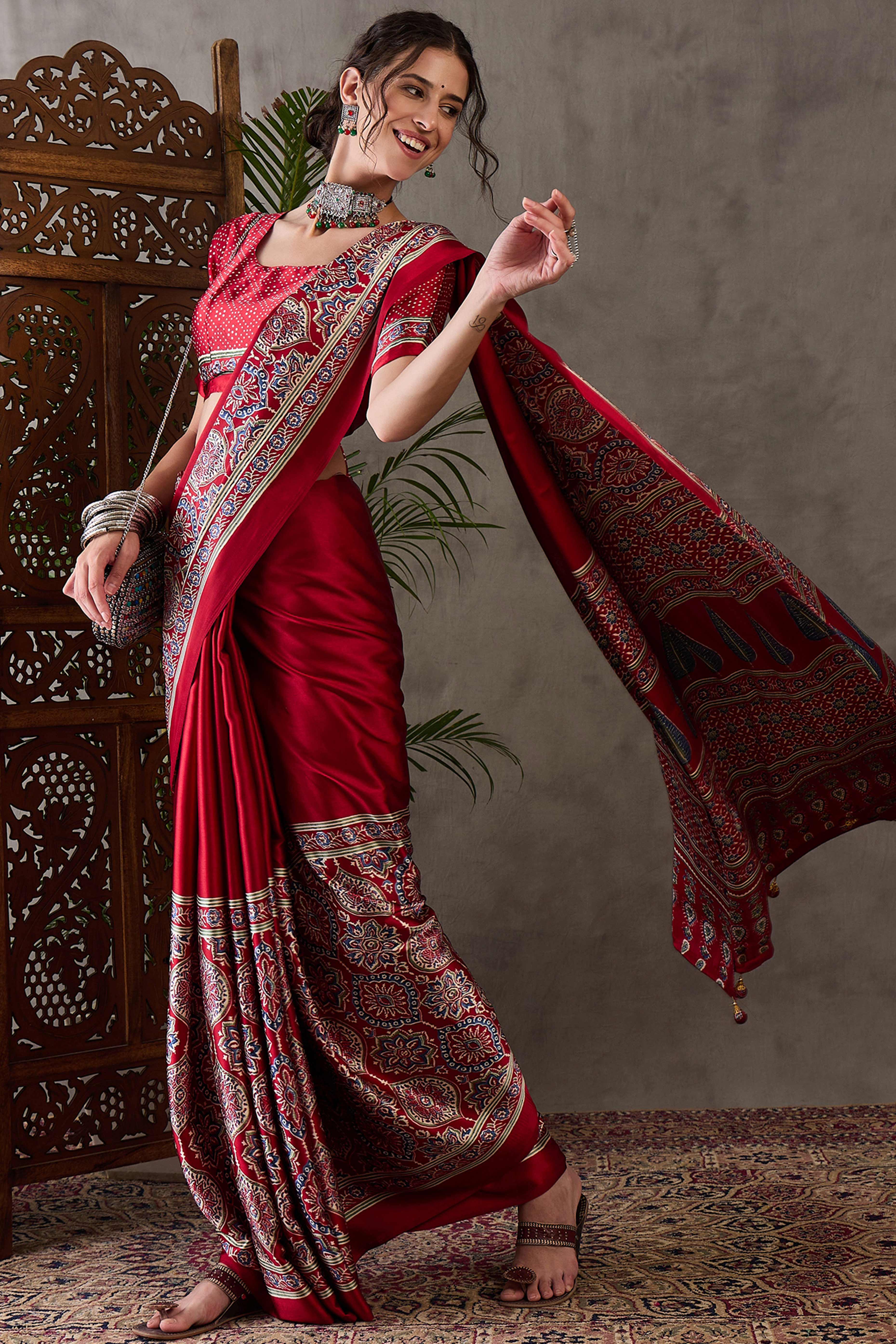 Red Ajrakh Printed Modal Satin Saree with Rich Party Wear Look