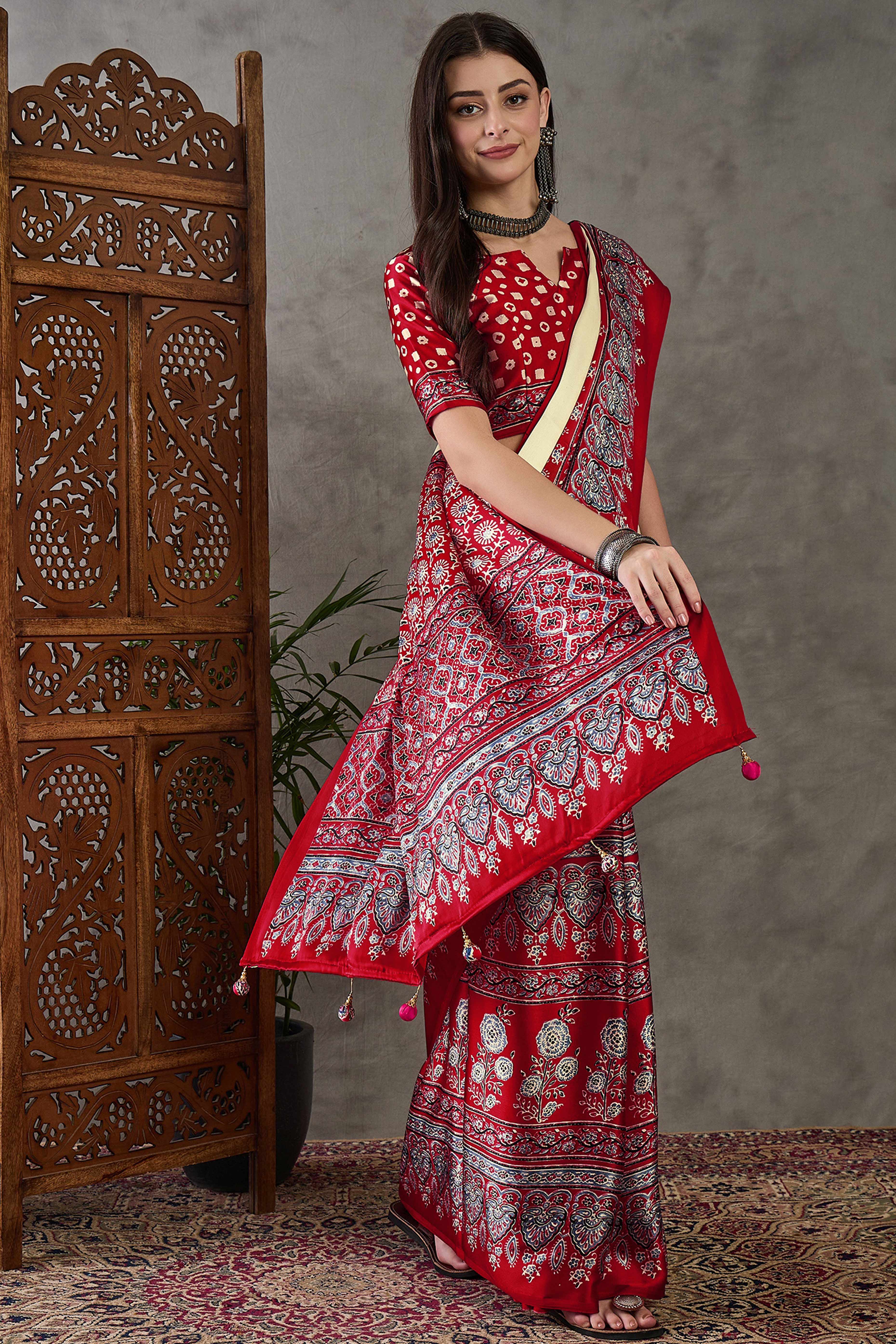 Cream & Red Ajrakh Printed Modal Satin Saree with Elegant Party Wear Appeal