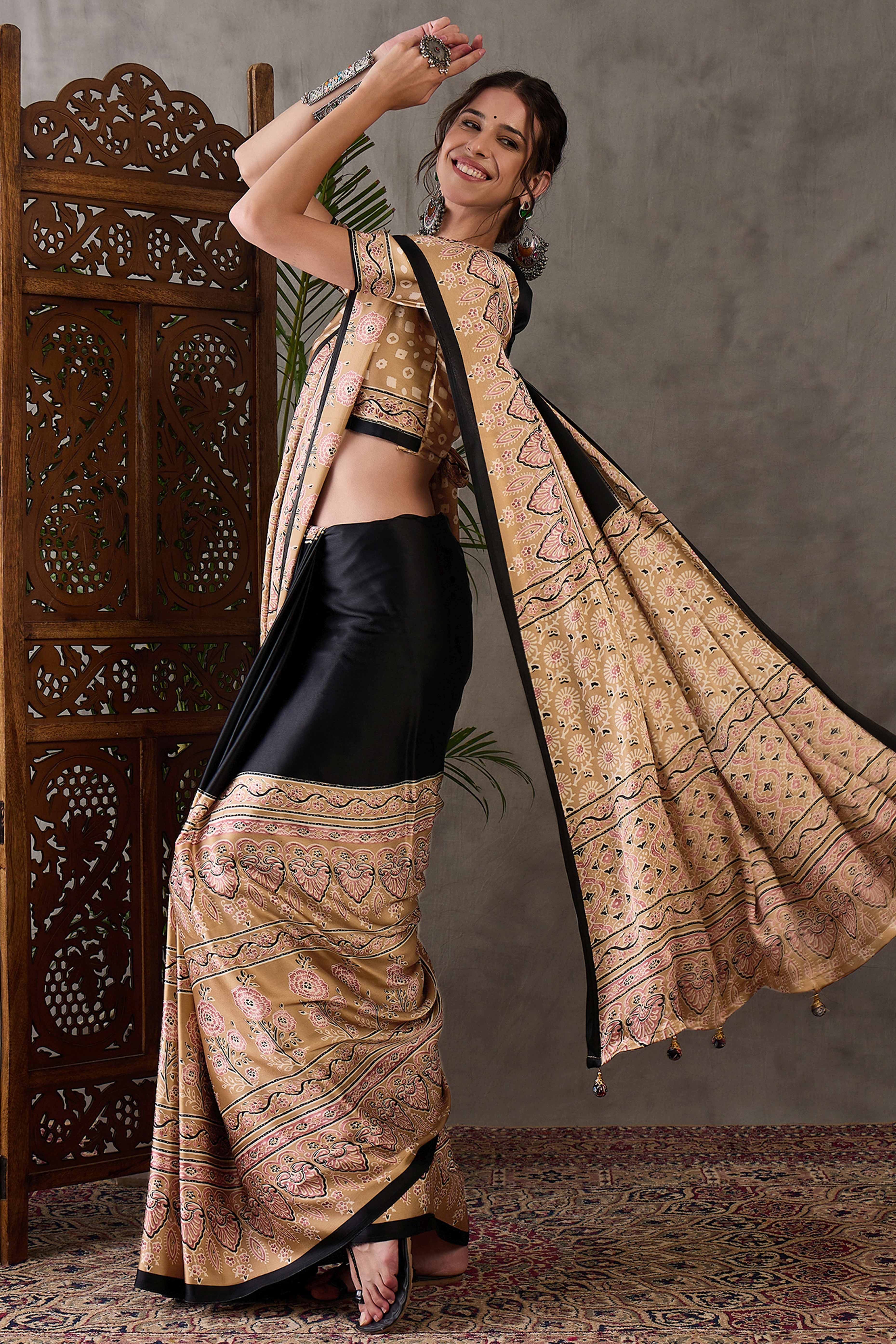 Black & Chikoo Ajrakh Printed Modal Satin Saree with Elegant Party Wear Appeal