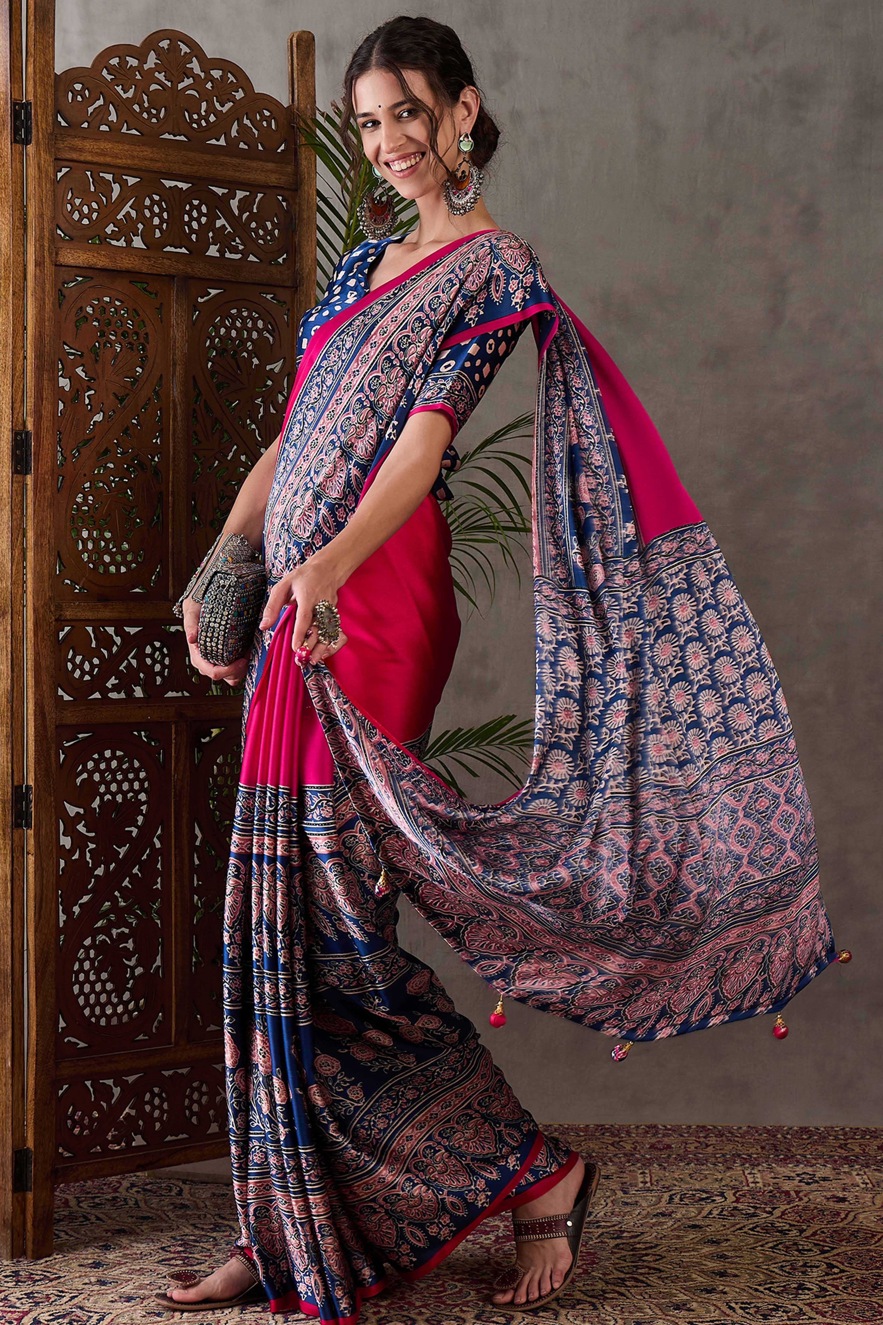 Pink & Blue Ajrakh Printed Modal Satin Saree with Elegant Party Wear Appeal