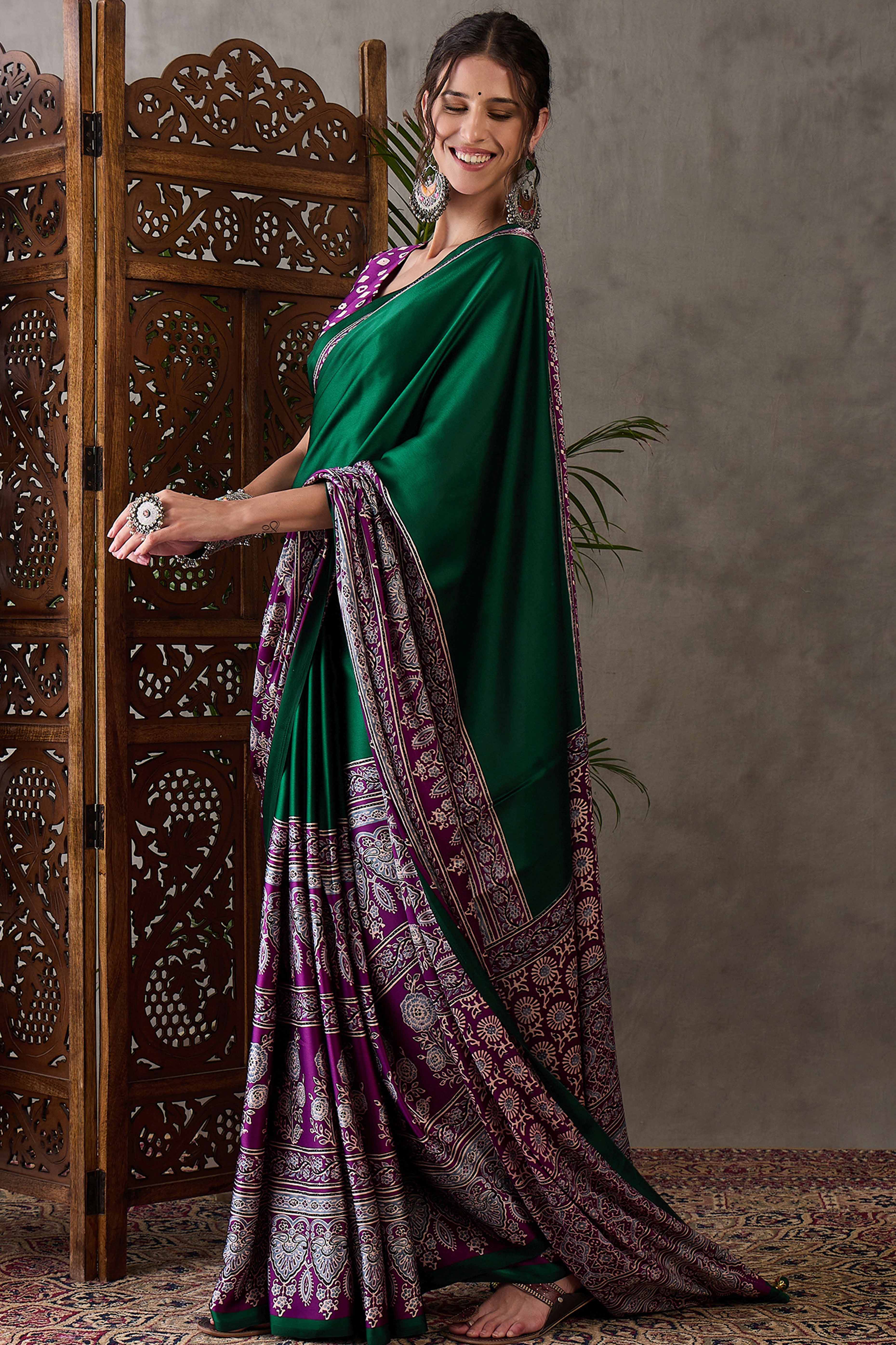 Green & Purple Ajrakh Printed Modal Satin Saree with Elegant Party Wear Appeal