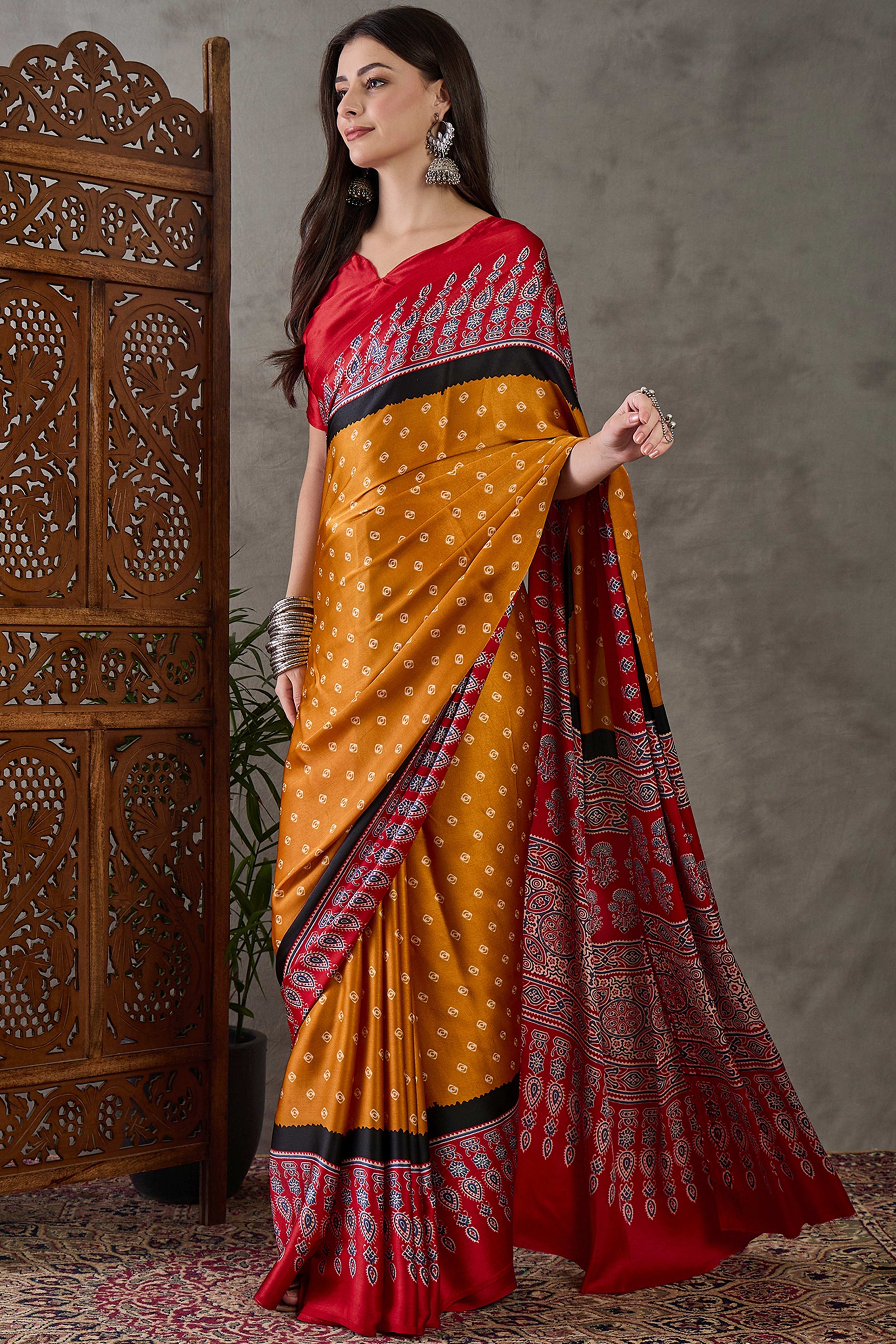 Mustard Ajrakh Printed Modal Satin Saree with Traditional Ajrakh Charm