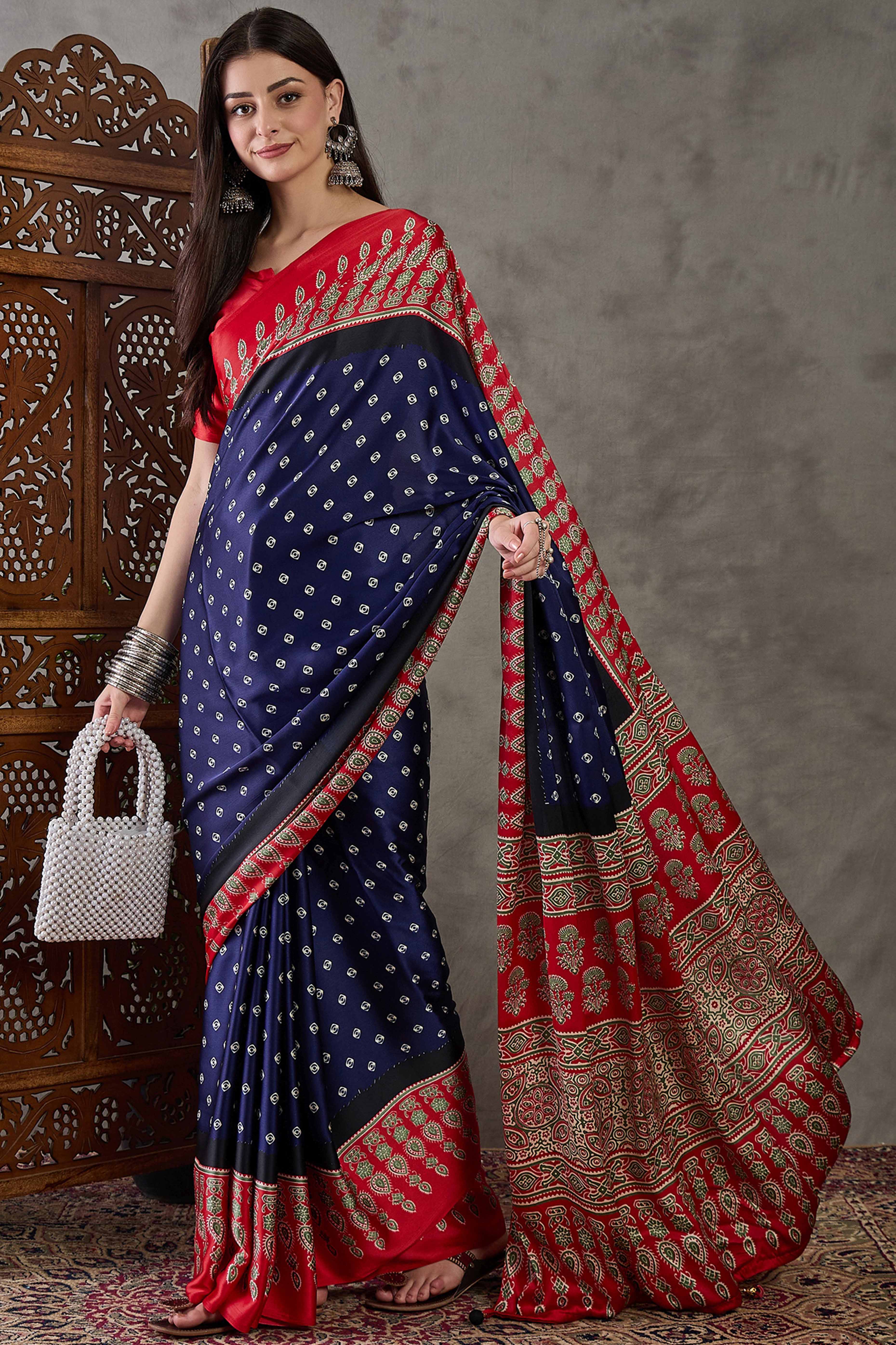 Blue Ajrakh Printed Modal Satin Saree with Traditional Ajrakh Charm
