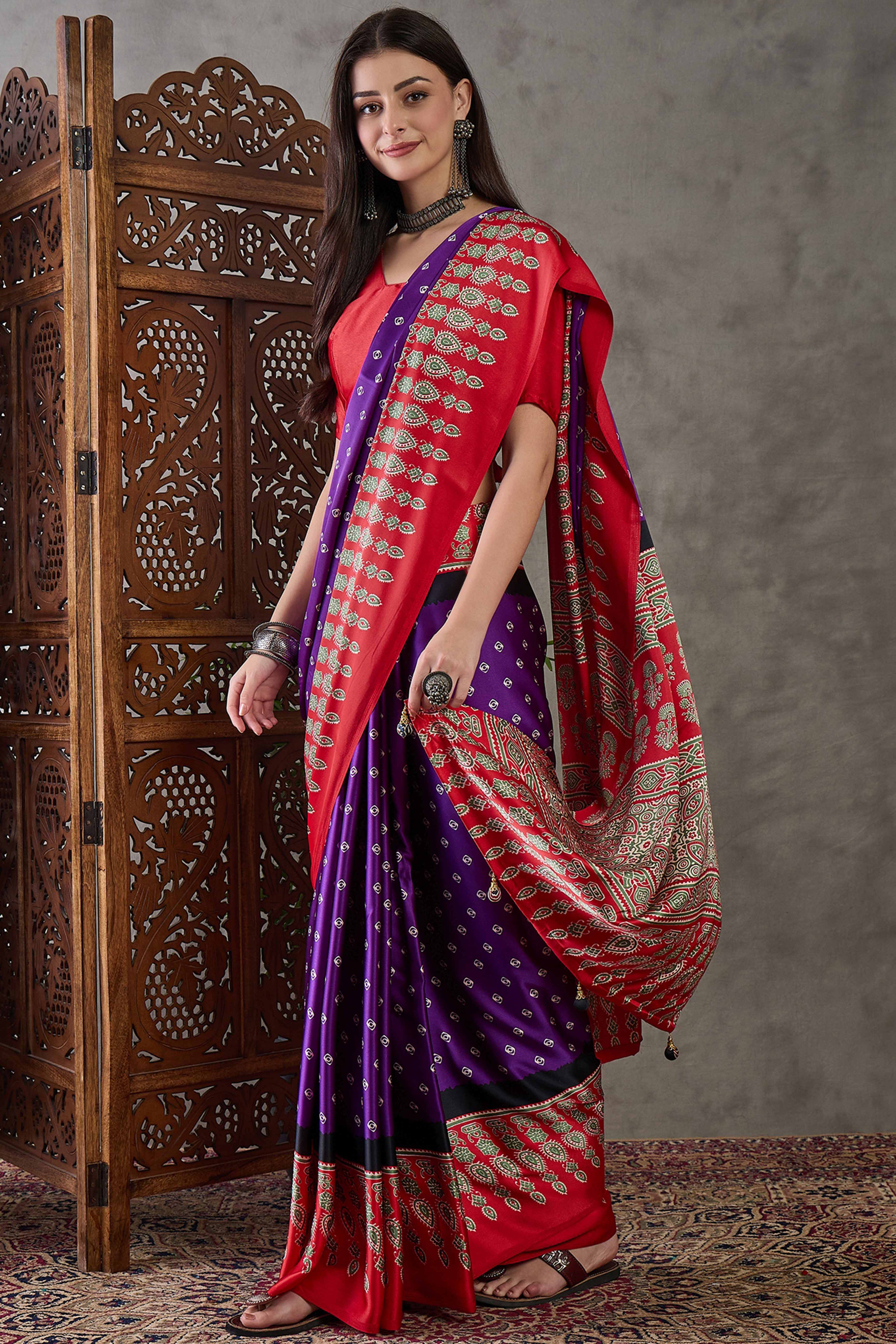 Purple Ajrakh Printed Modal Satin Saree with Traditional Ajrakh Charm