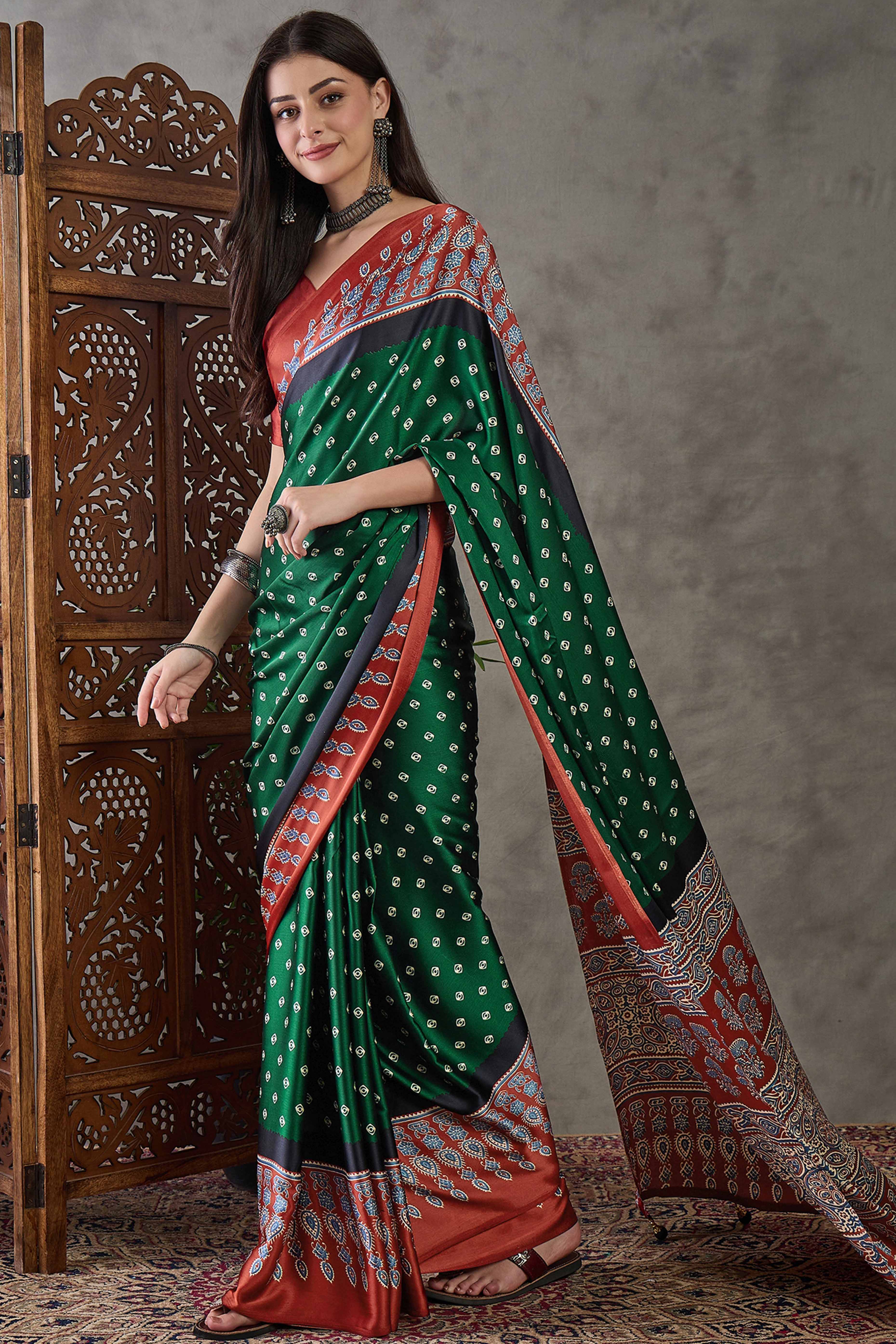 Green Ajrakh Printed Modal Satin Saree with Traditional Ajrakh Charm
