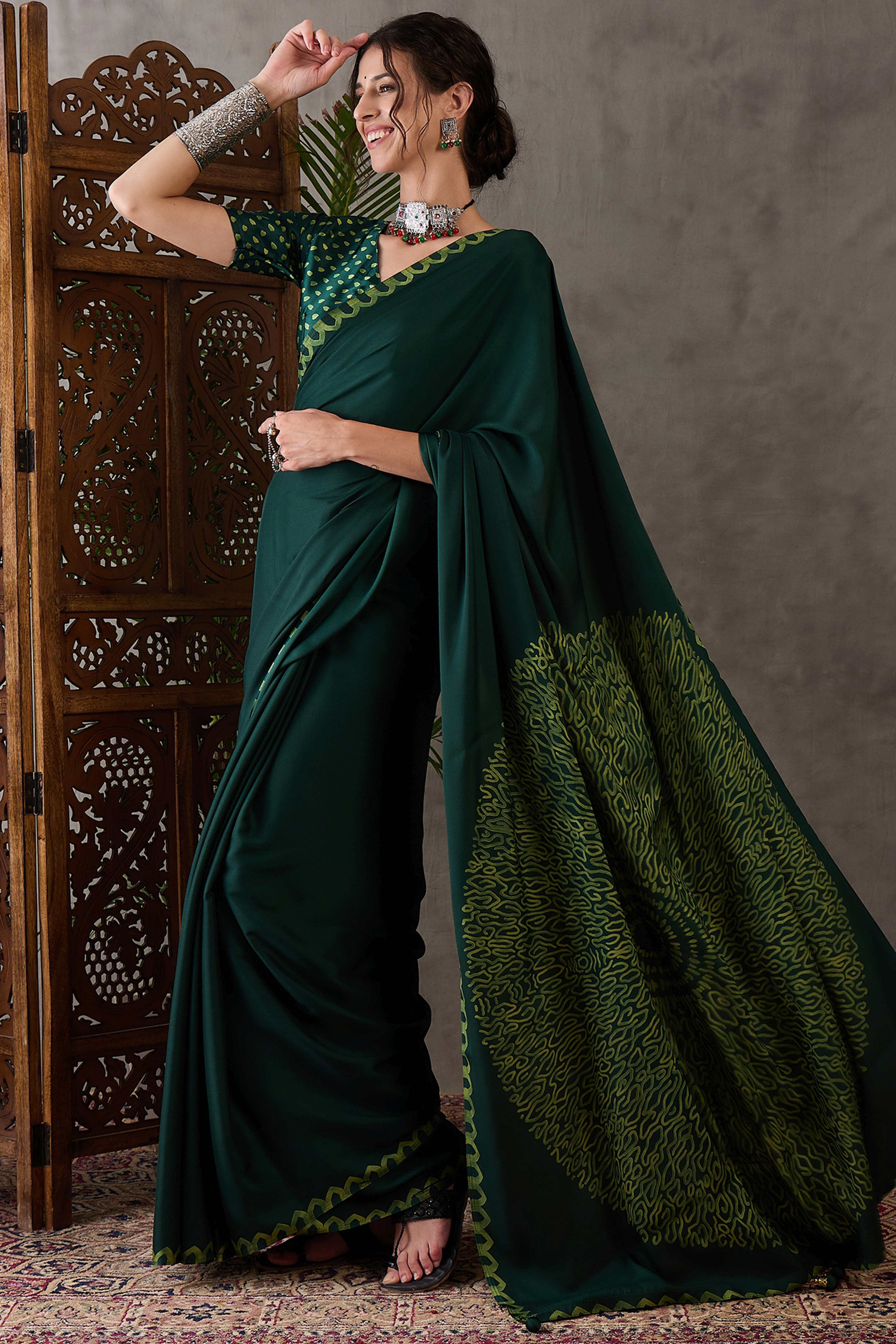Green Free Style Printed Modal Satin Party Wear Saree with a Smooth Satin Drape