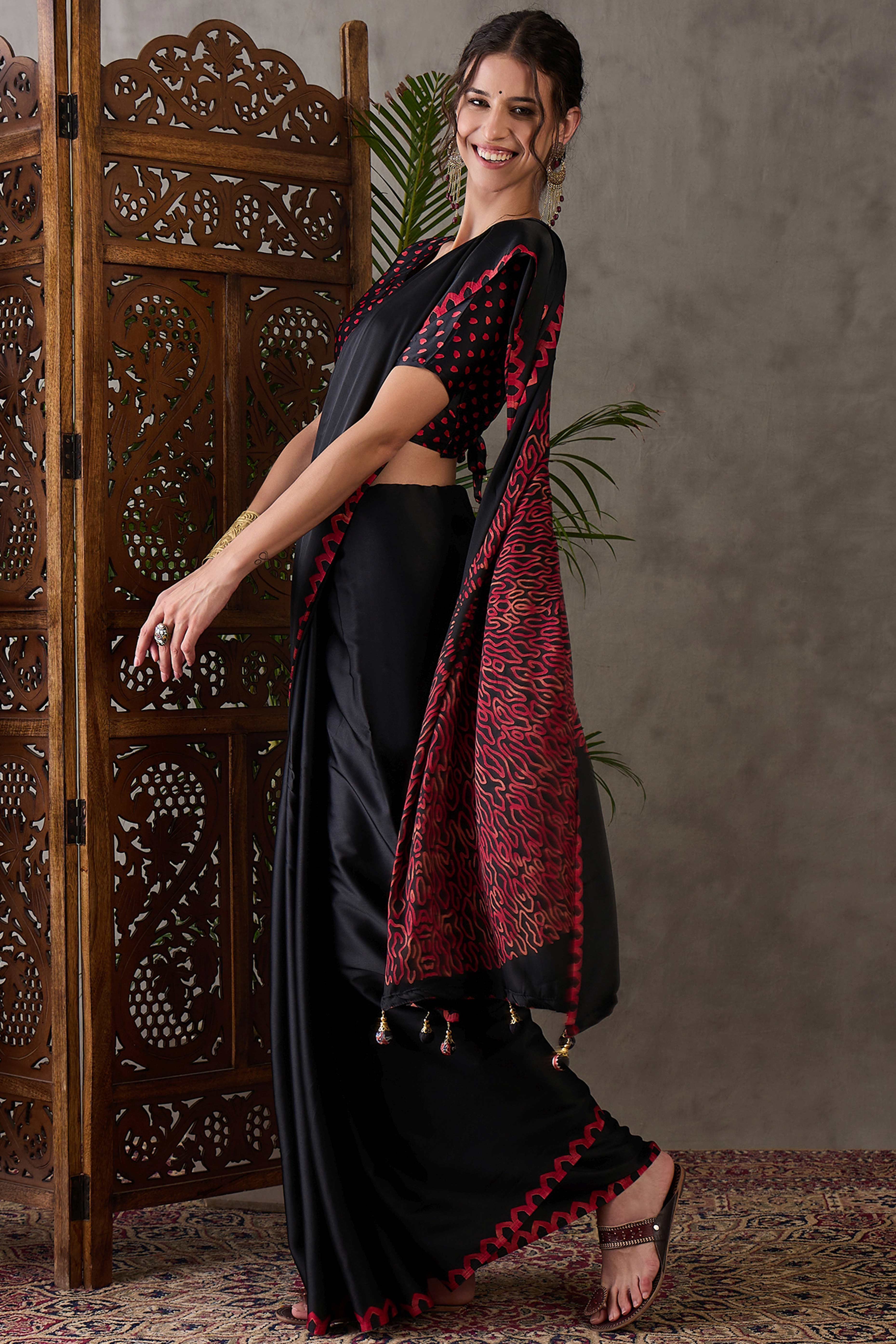 Black Free Style Printed Modal Satin Party Wear Saree with a Smooth Satin Drape