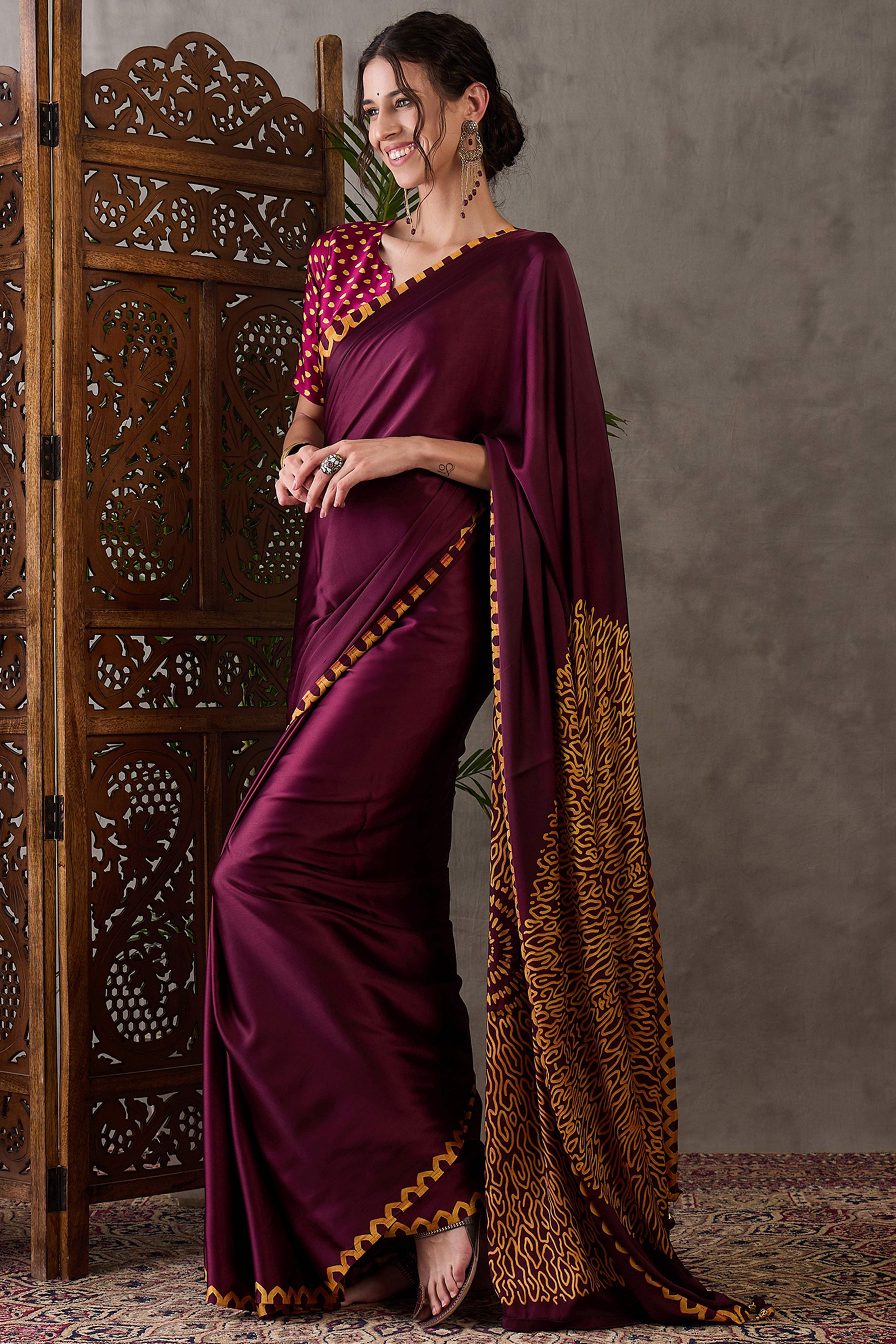 Wine Free Style Printed Modal Satin Party Wear Saree with a Smooth Satin Drape