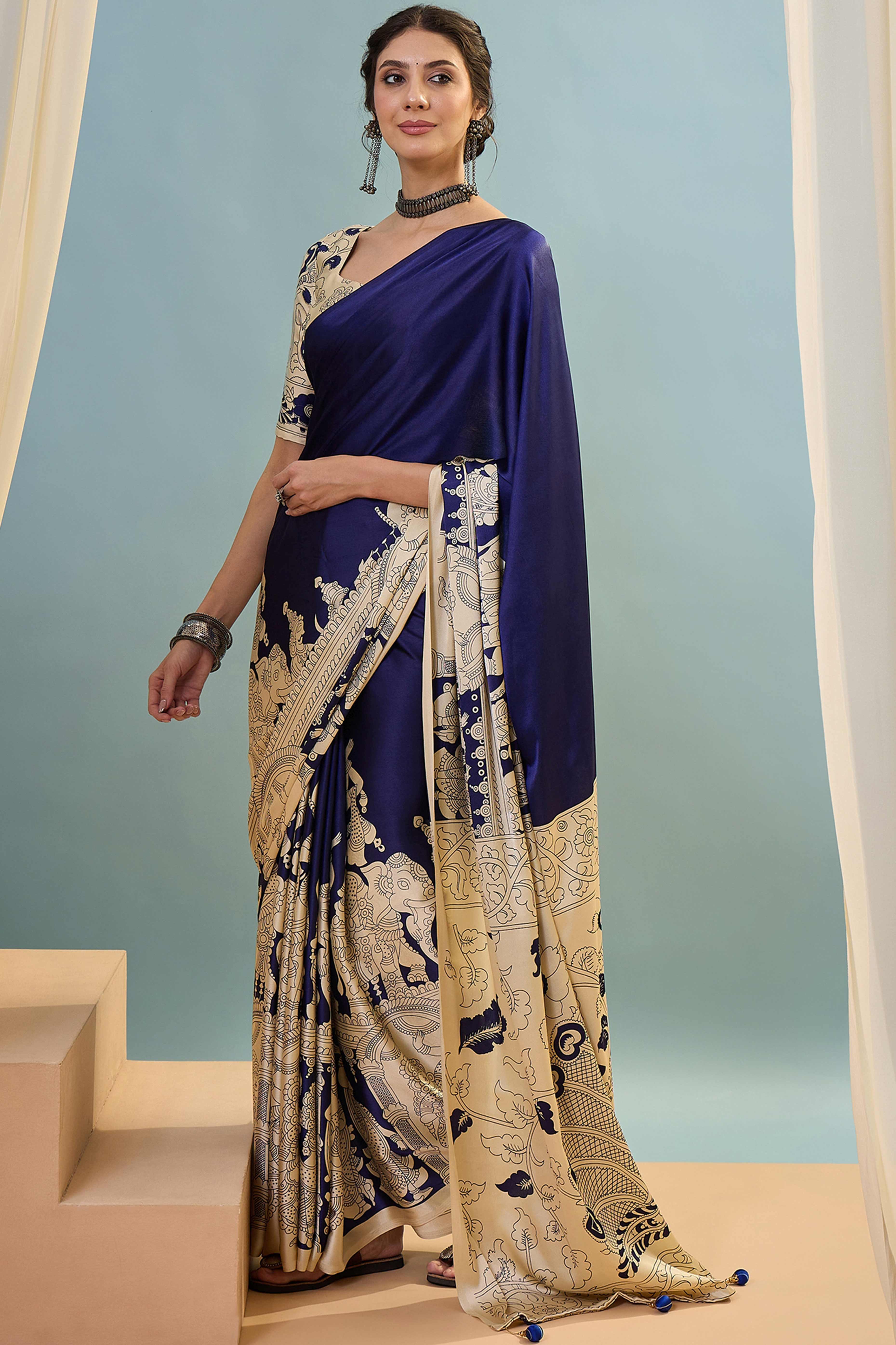 Blue Kalamkari Style Modal Satin Saree Featuring Intricate Artistic Prints
