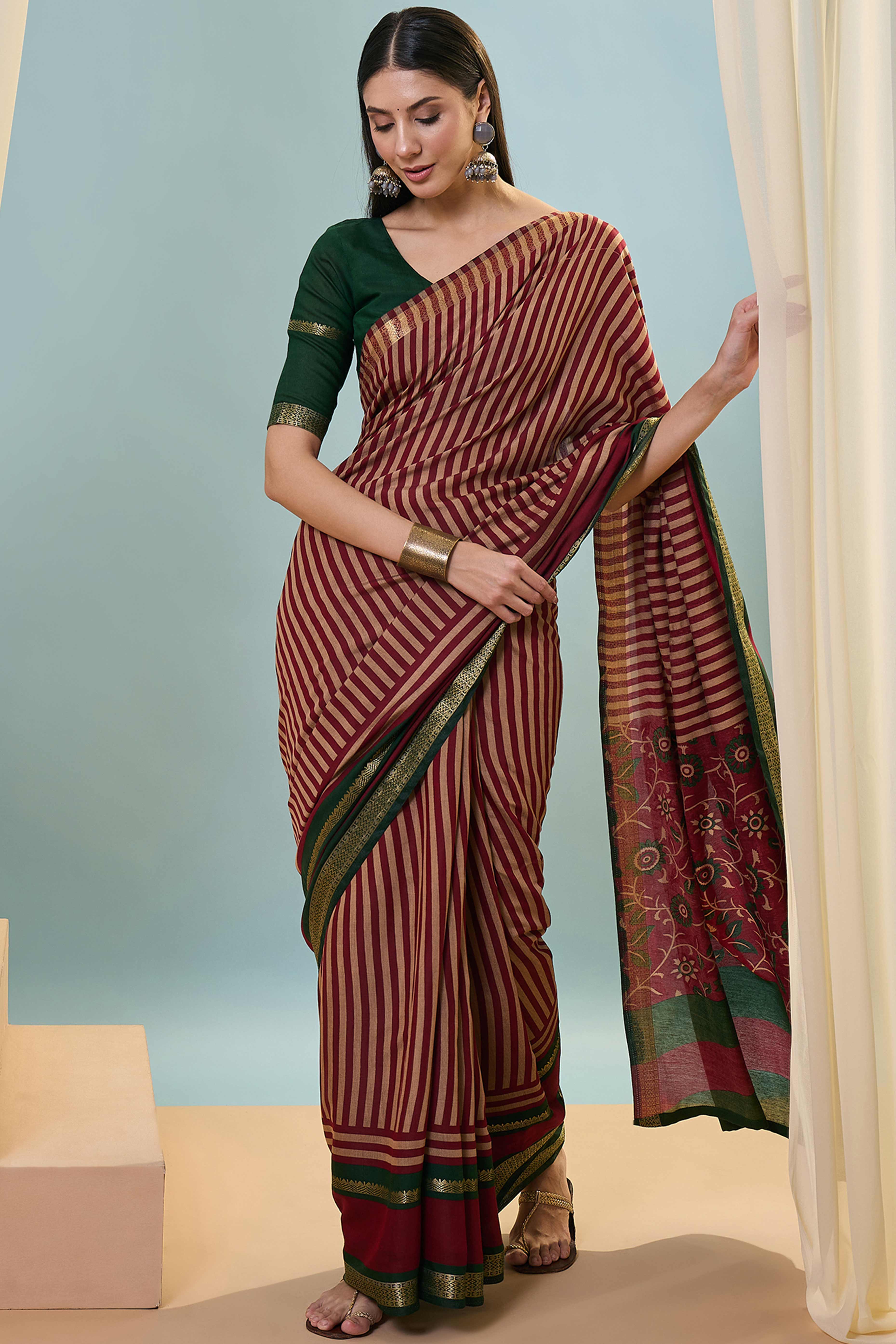 Maroon Striped Printed Viscose Saree with a Subtle Zari Finish