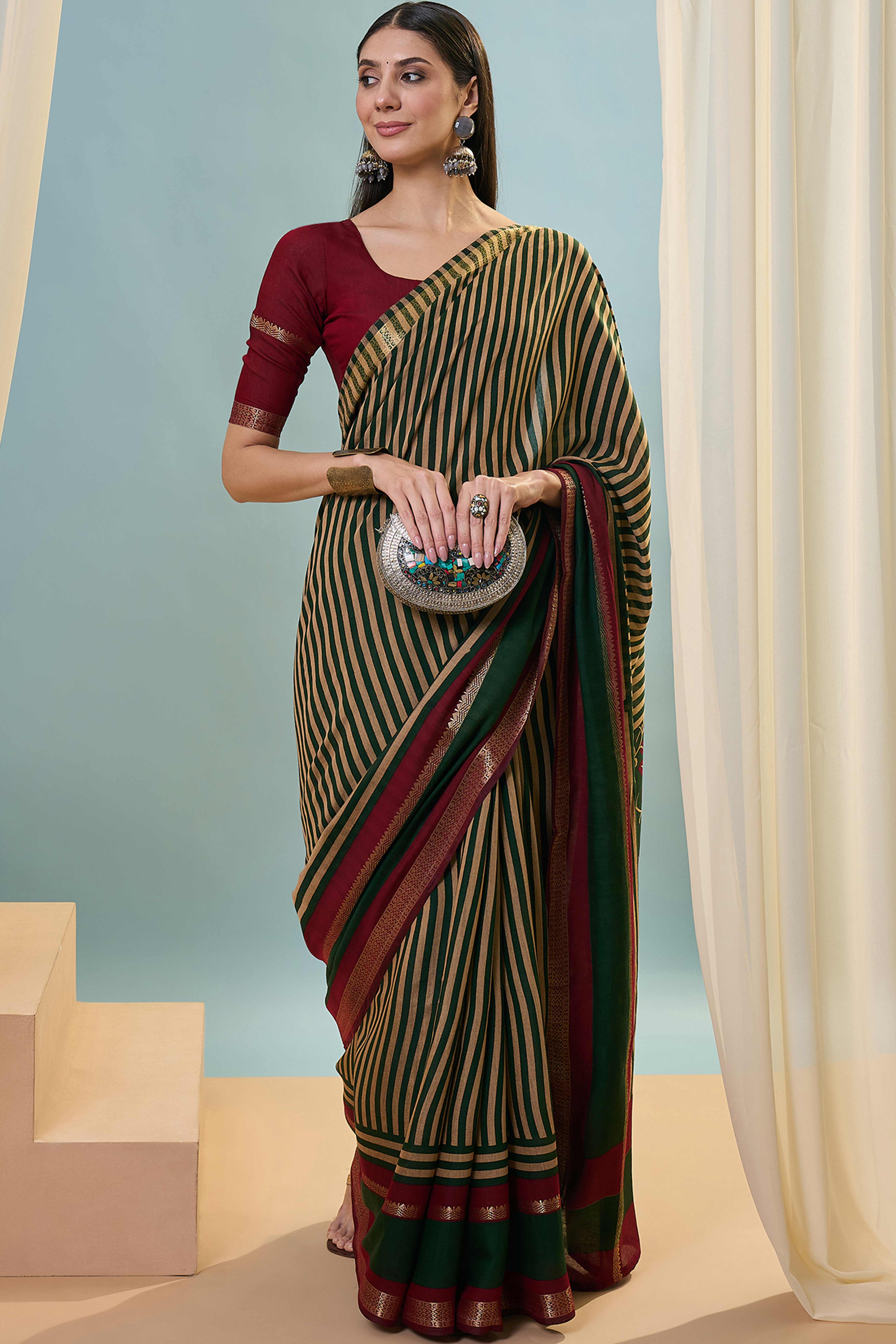 Green Striped Printed Viscose Saree with a Subtle Zari Finish