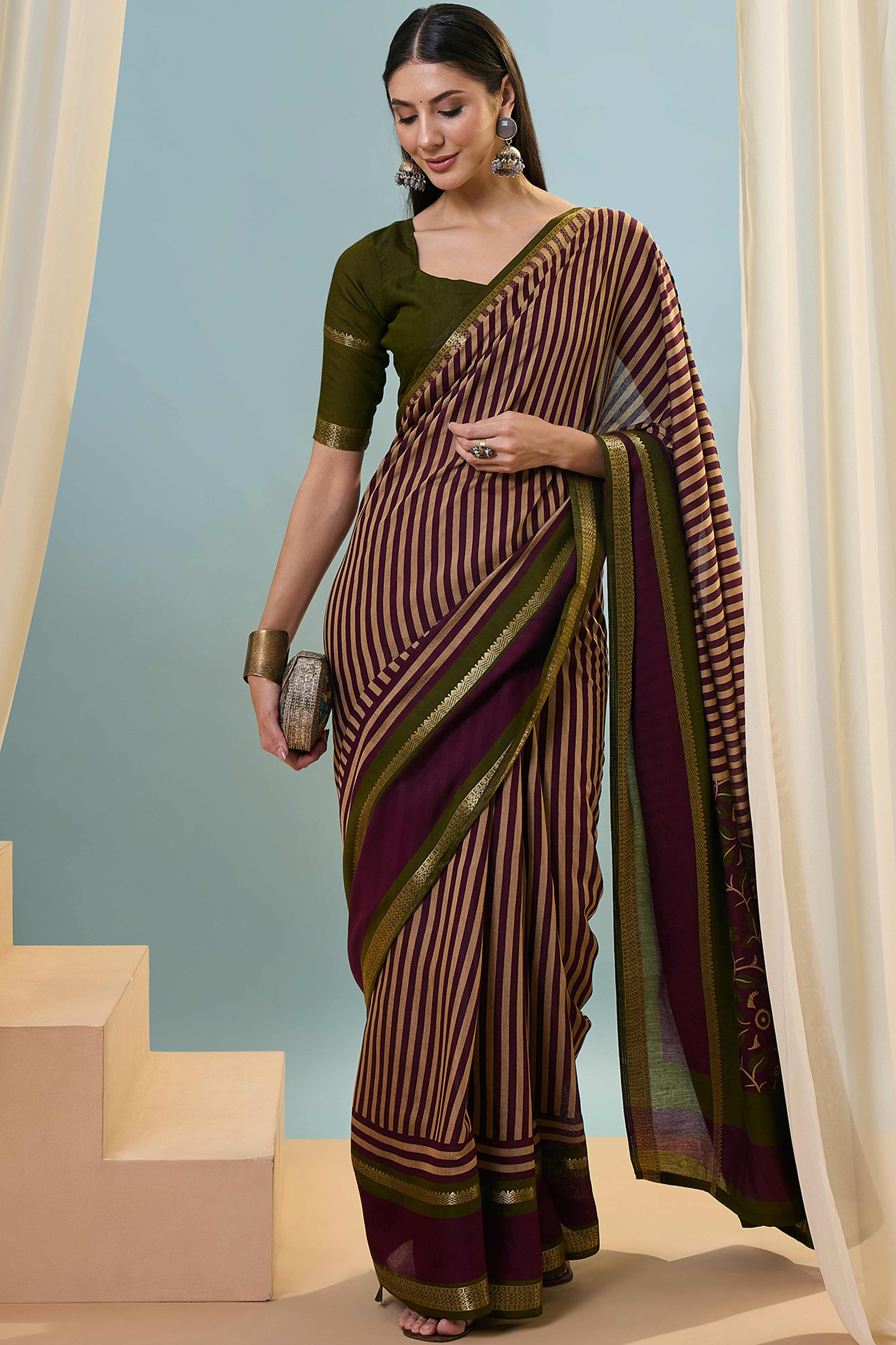 Wine Striped Printed Viscose Saree with a Subtle Zari Finish