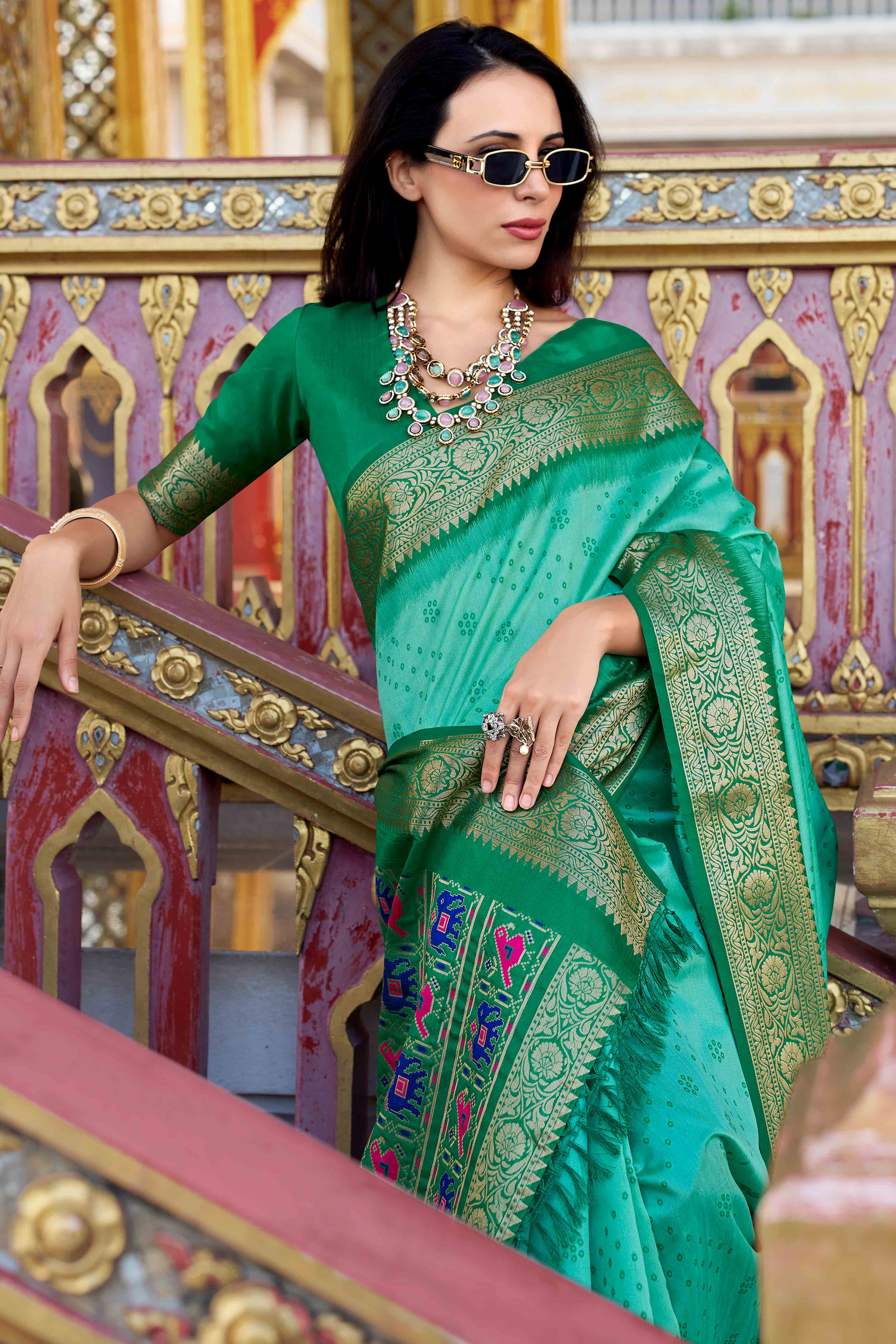 Silk Blend Woven Bandhani Saree In Sea Green With Contrasting Patola Pallu
