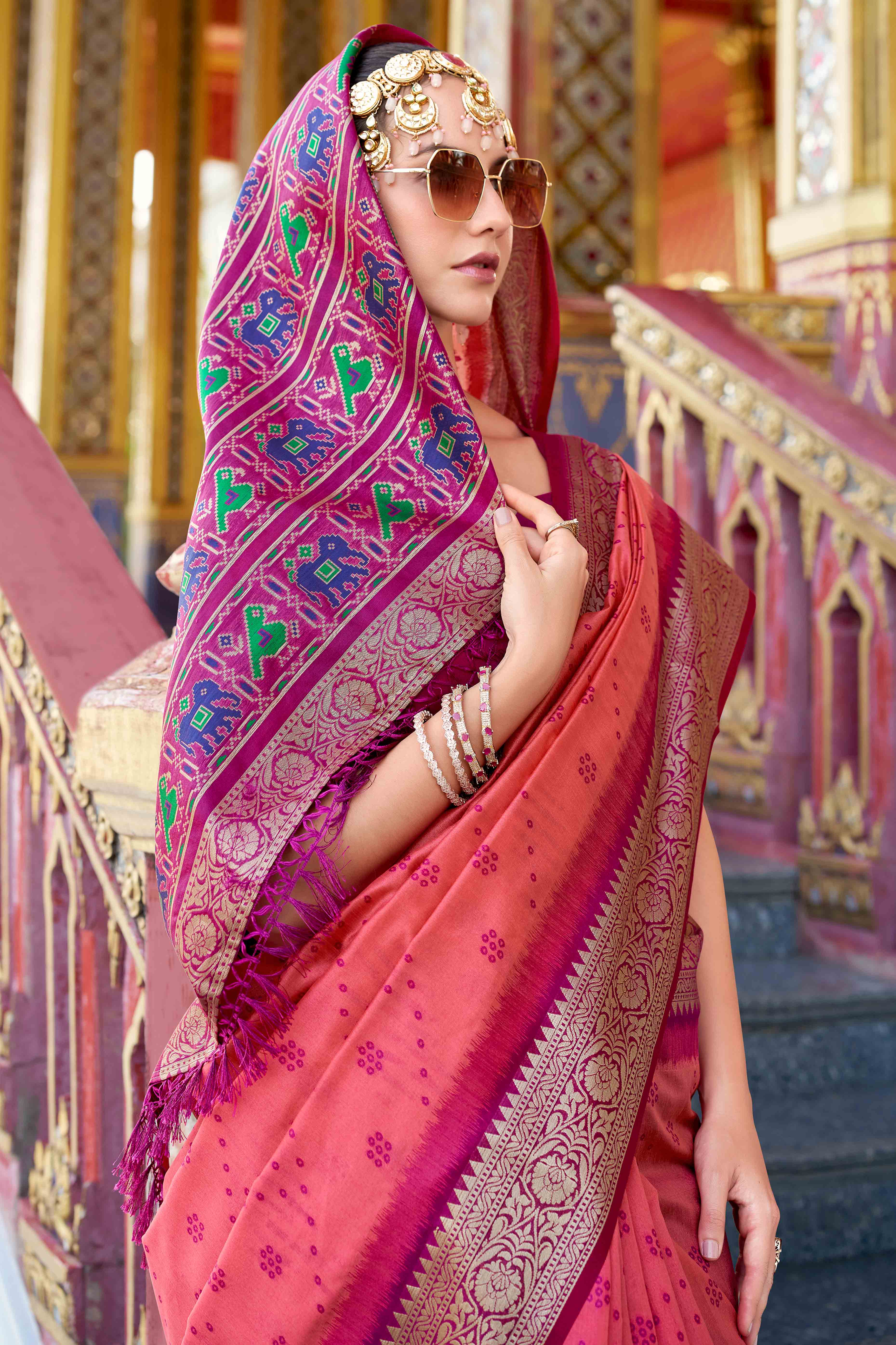 Silk Blend Woven Bandhani Saree In Peach With Contrasting Patola Pallu