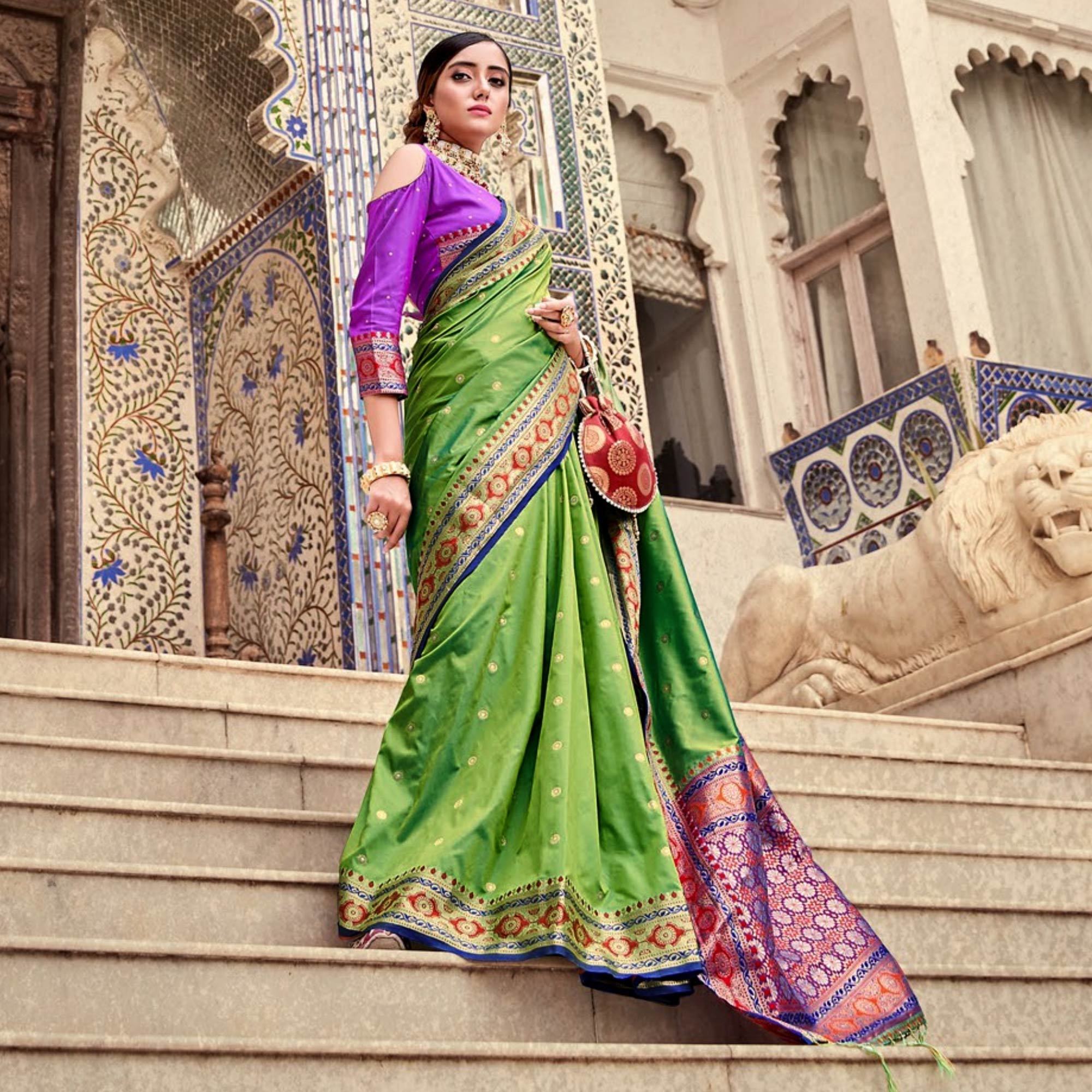 Green Woven Pure Silk Saree With With Tassels