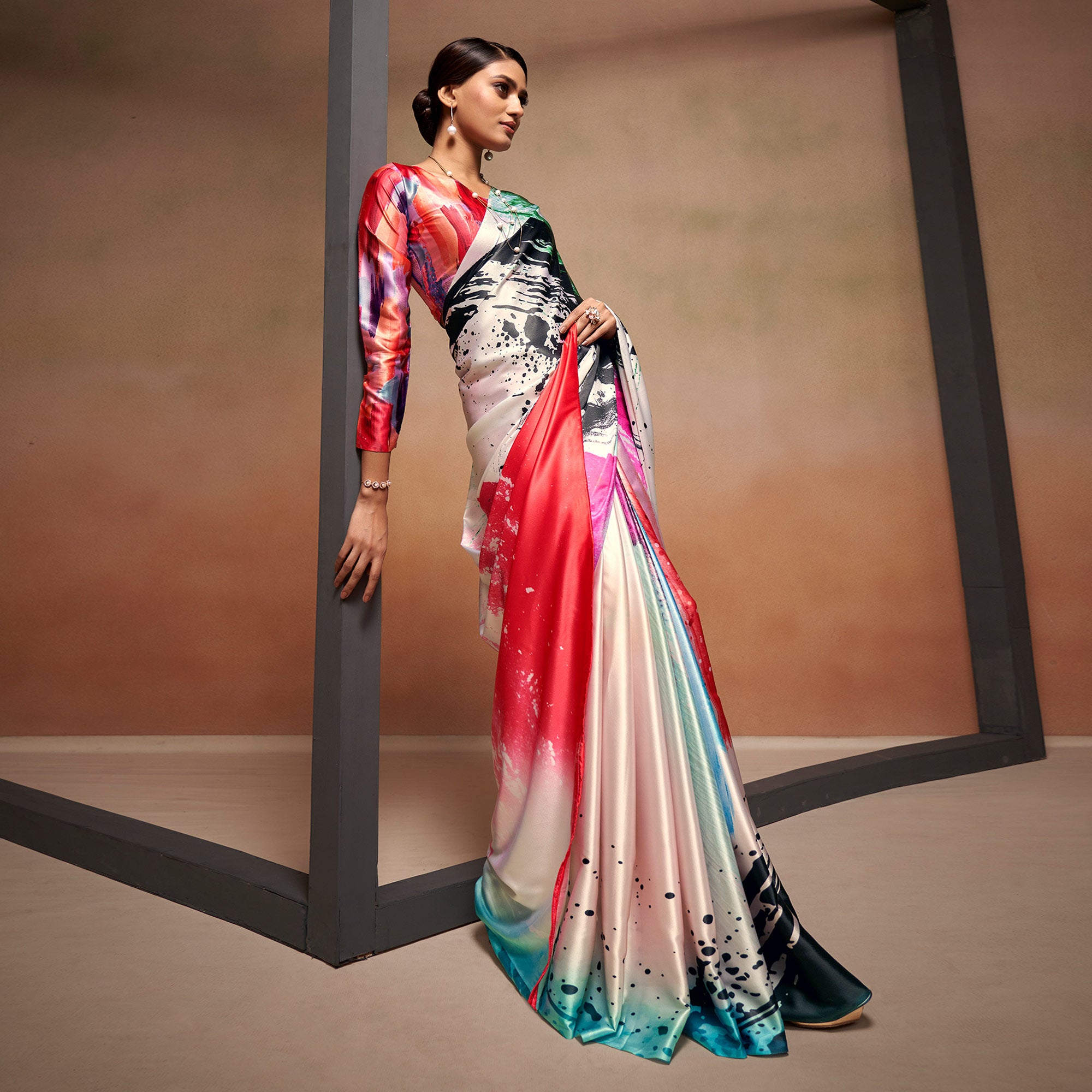 White Digital Printed Satin Saree