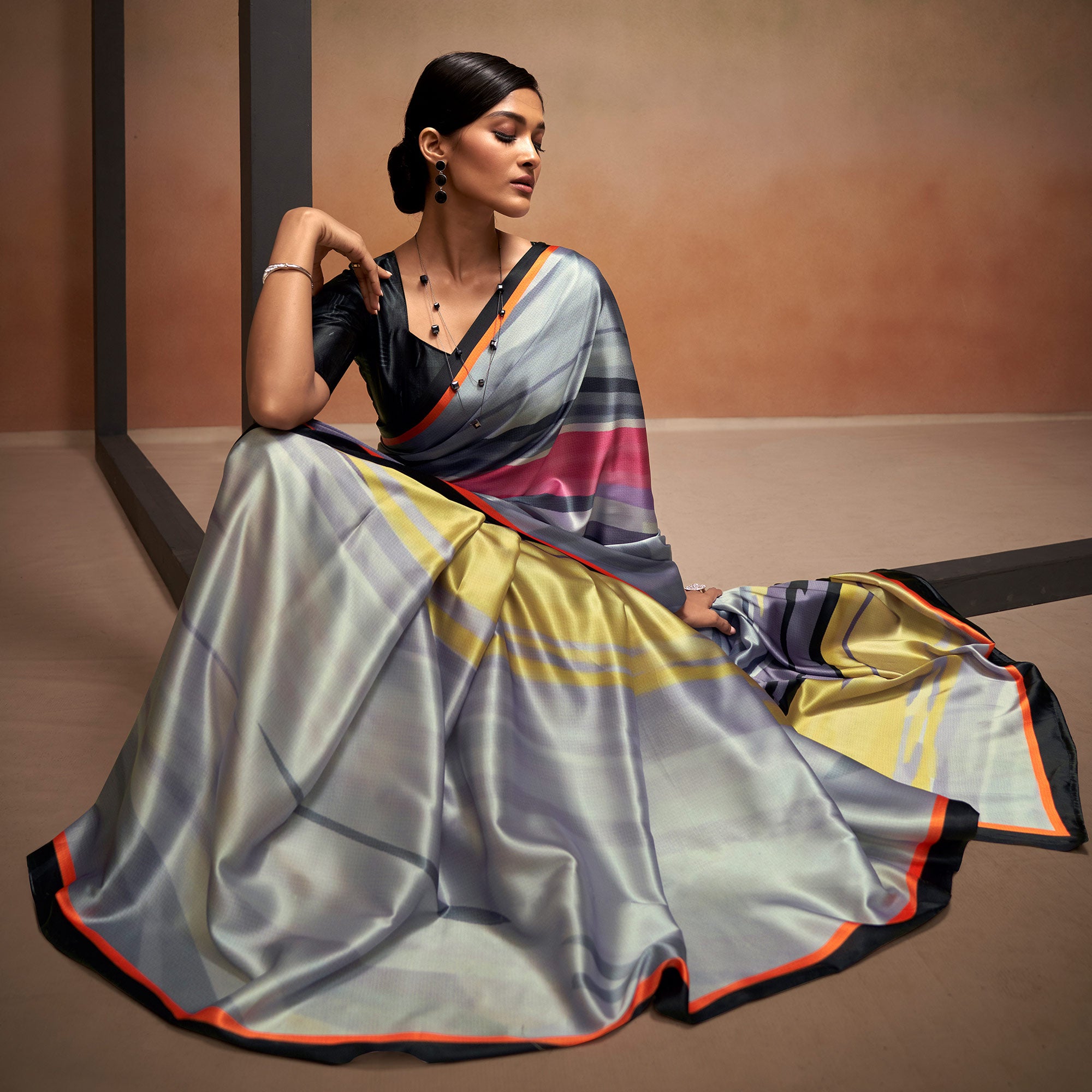 Grey Digital Printed Satin Saree