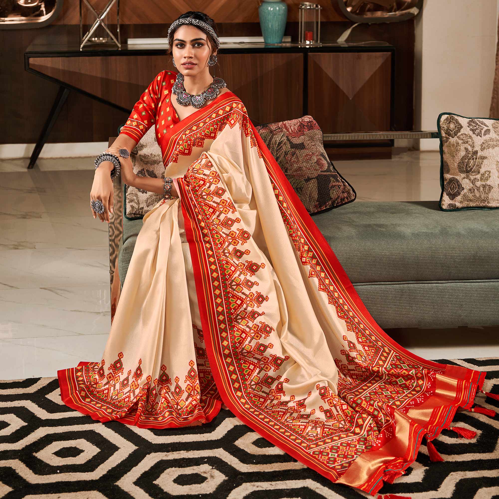 Cream & Red Patola Printed Tussar Silk Saree