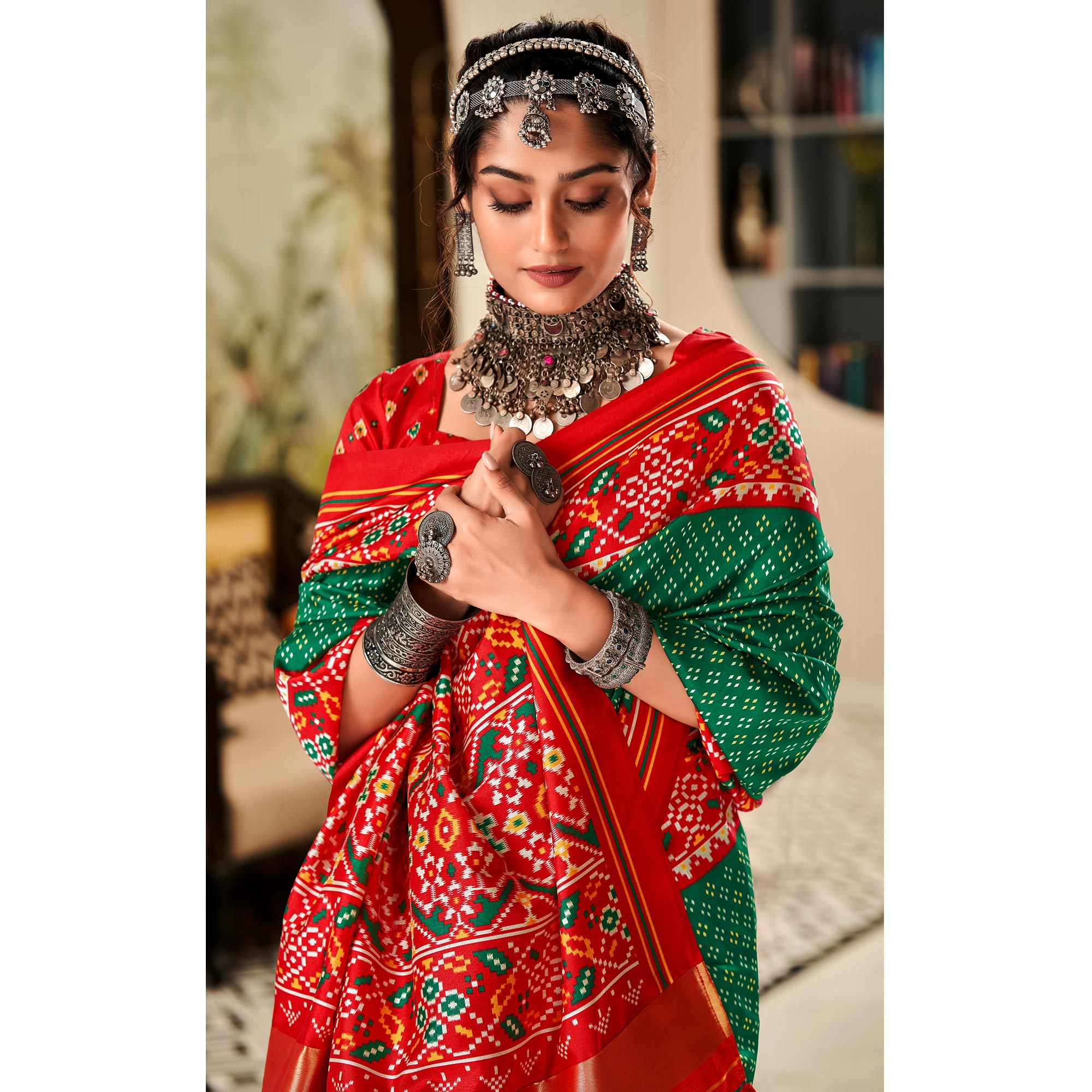 Green & Red Patola Printed Tussar Silk Saree