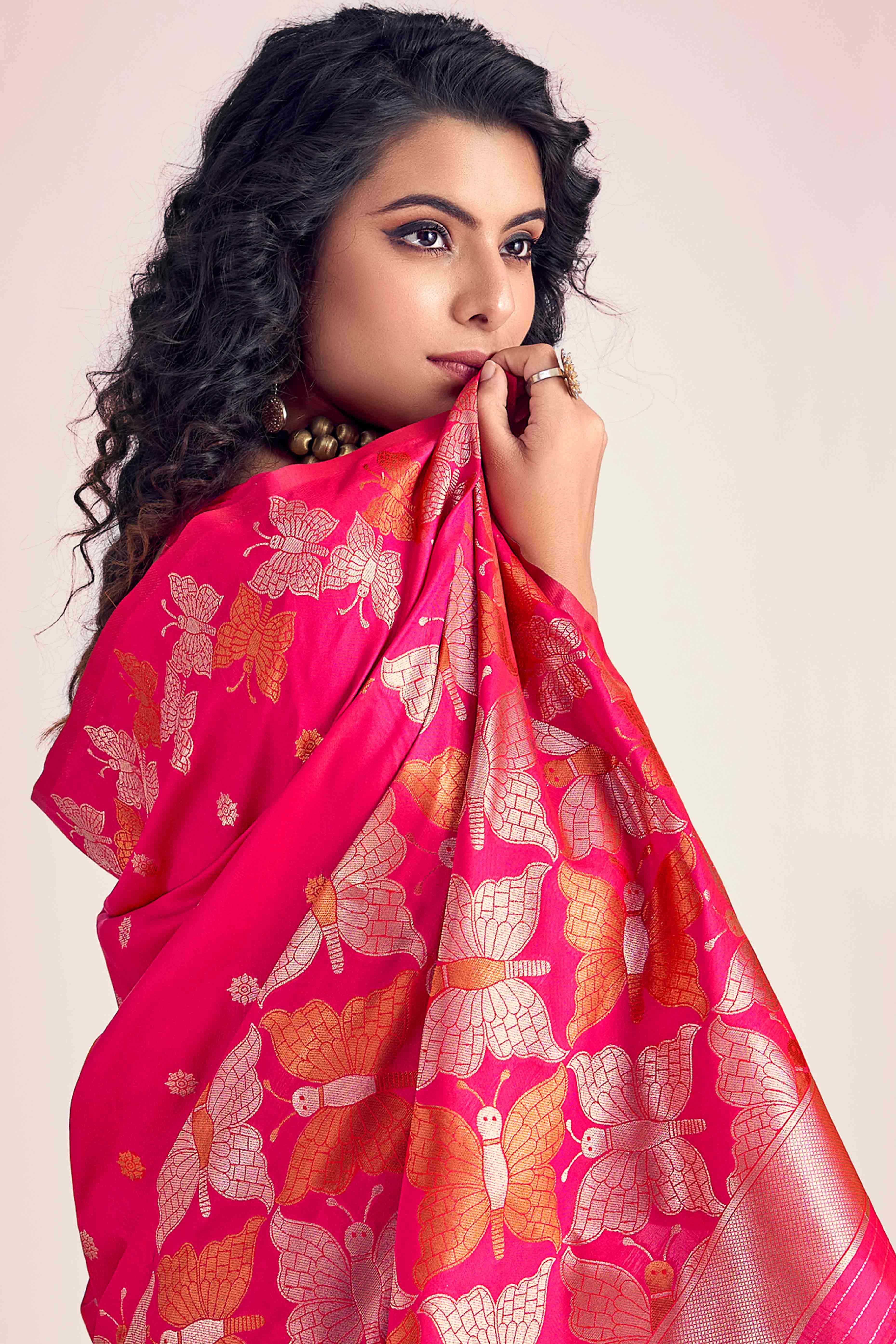 Pink Banarasi Silk Saree With Zari Woven Floral & Butterfly Motifs