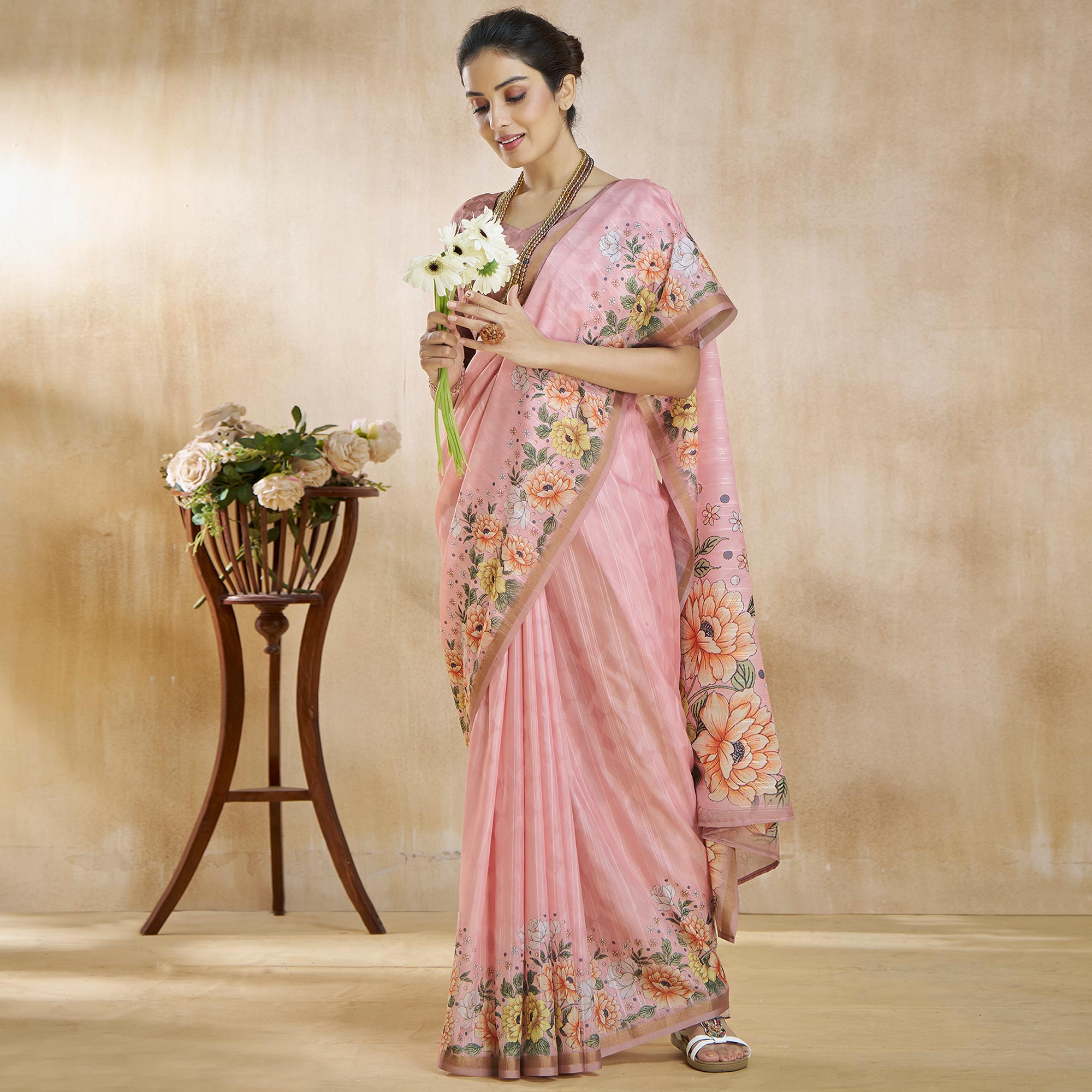 Pink Floral Digital Printed Pure Silk Saree