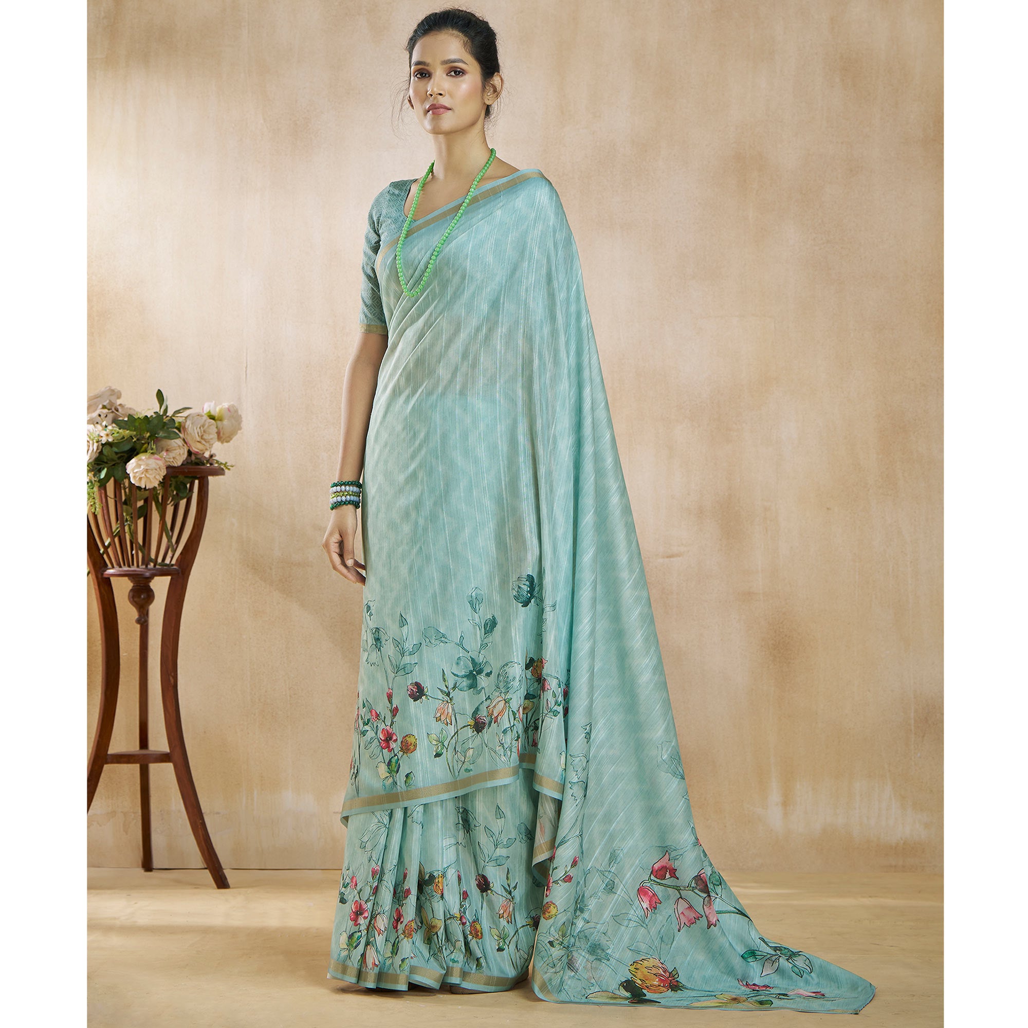 Turquoise Floral Digital Printed Pure Silk Saree
