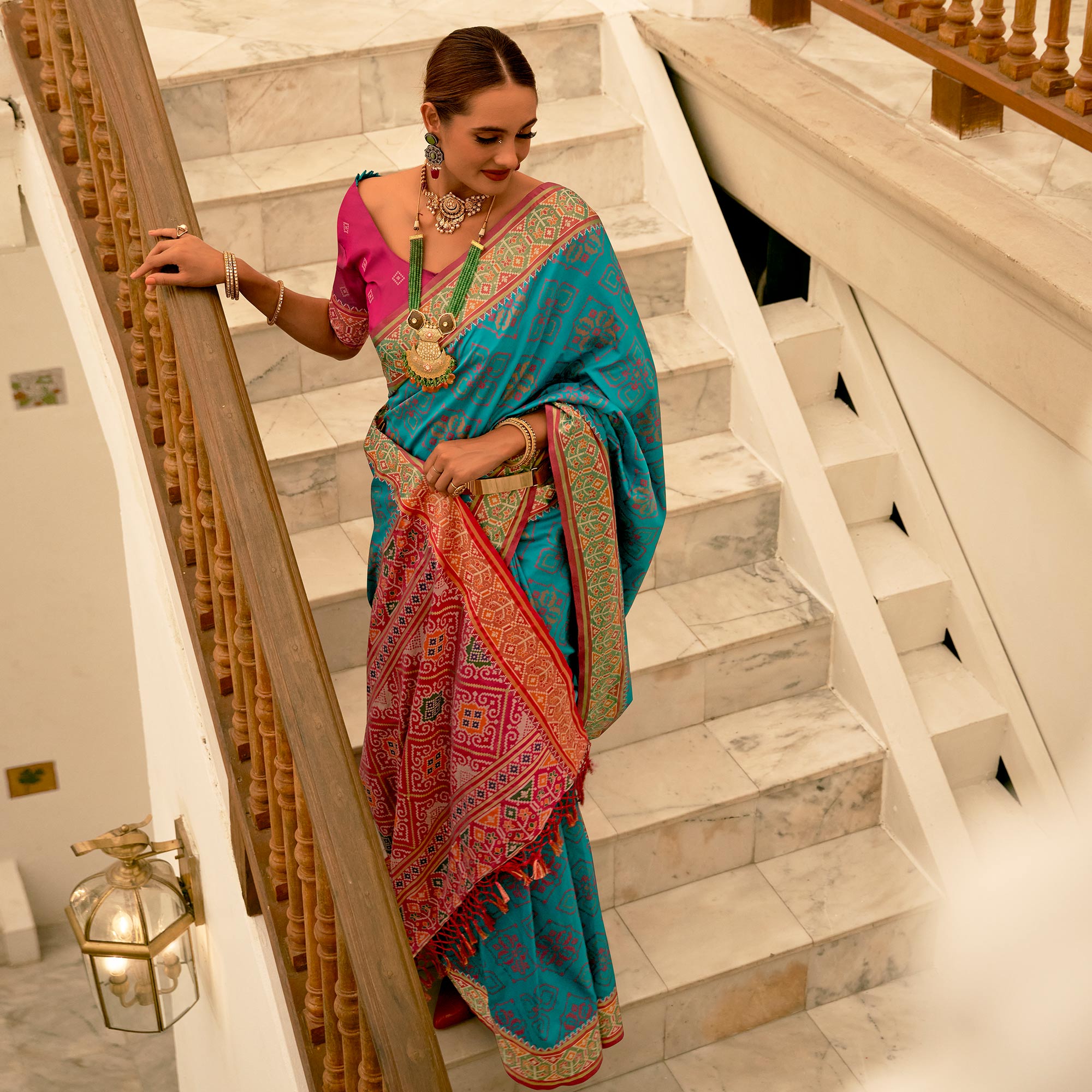 Rama Blue Patola Printed Banarasi Silk Saree With Tassels