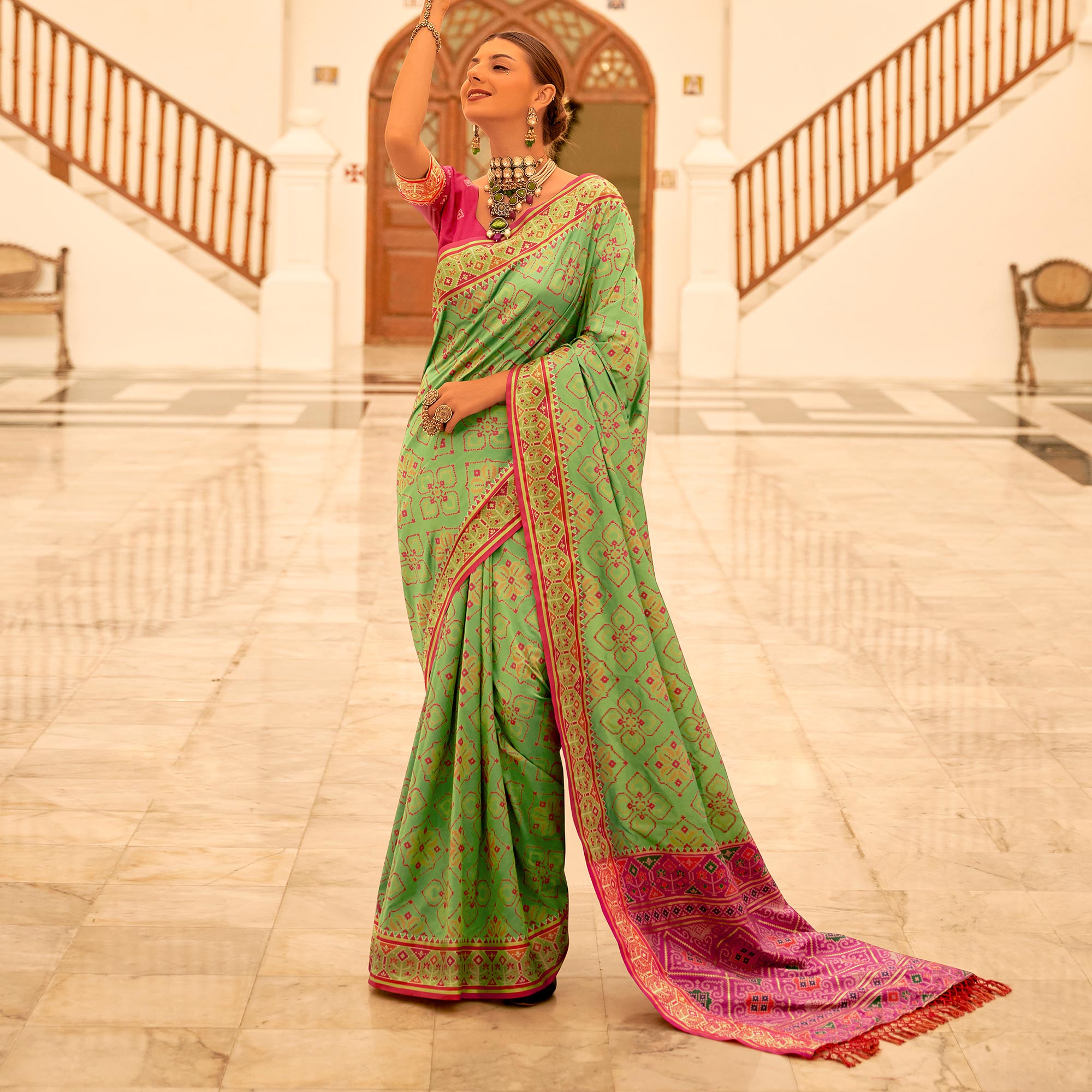 Green Patola Printed Banarasi Silk Saree With Tassels