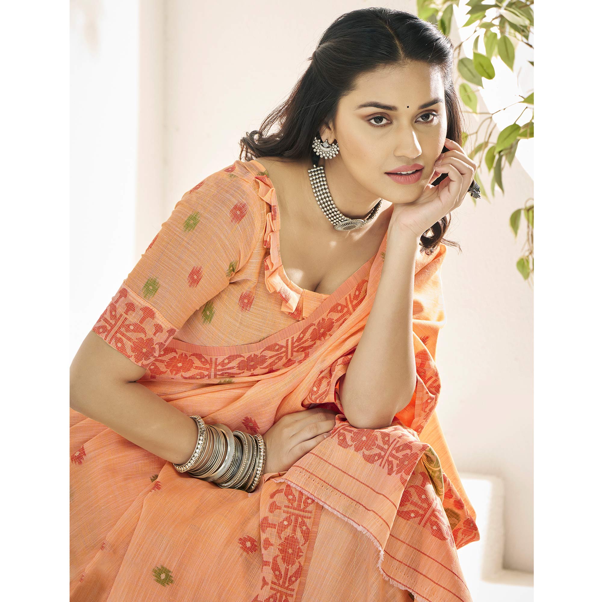 Peach Floral Woven Cotton Silk Saree