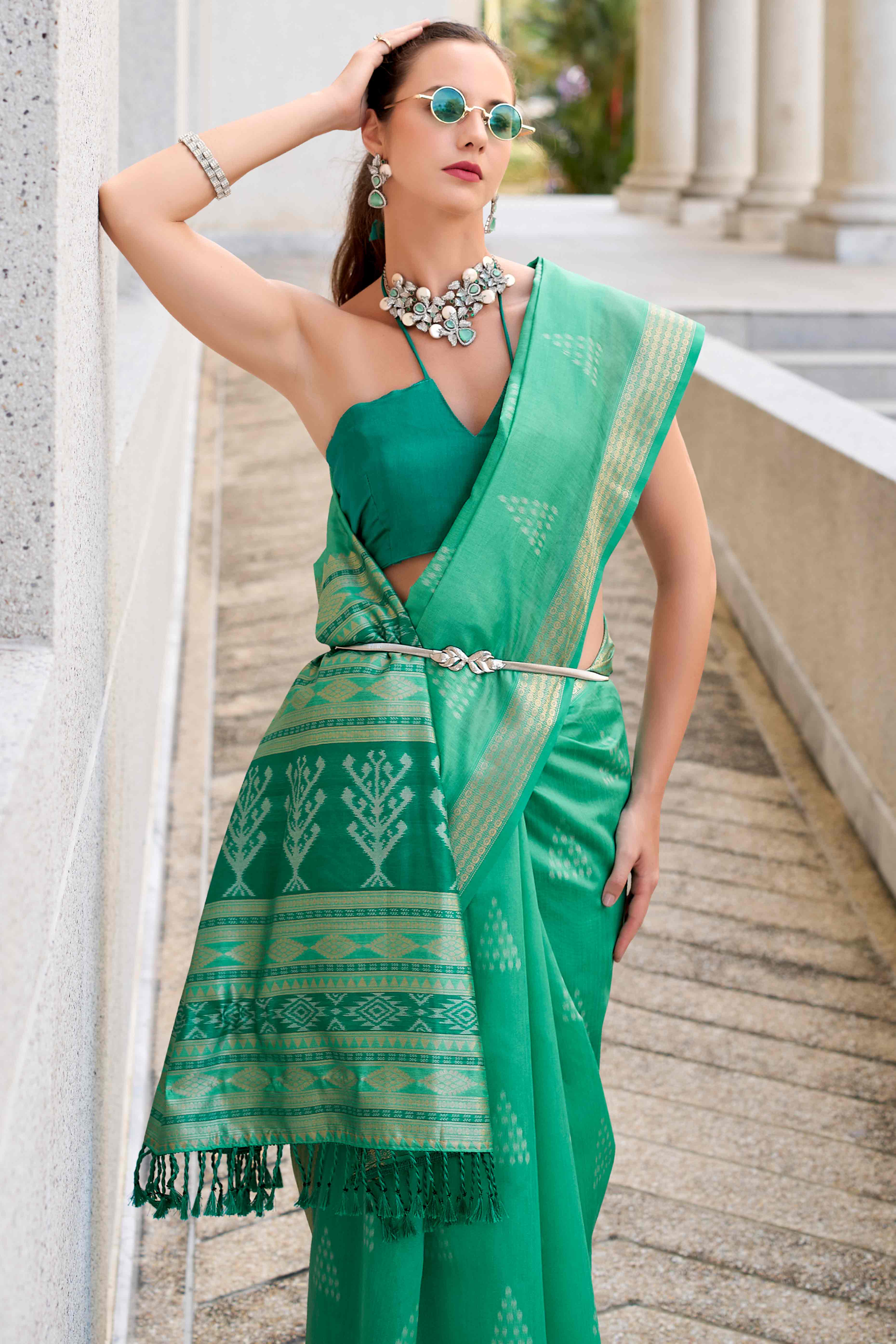Rama Green Ikkat Woven Rayon Silk Saree