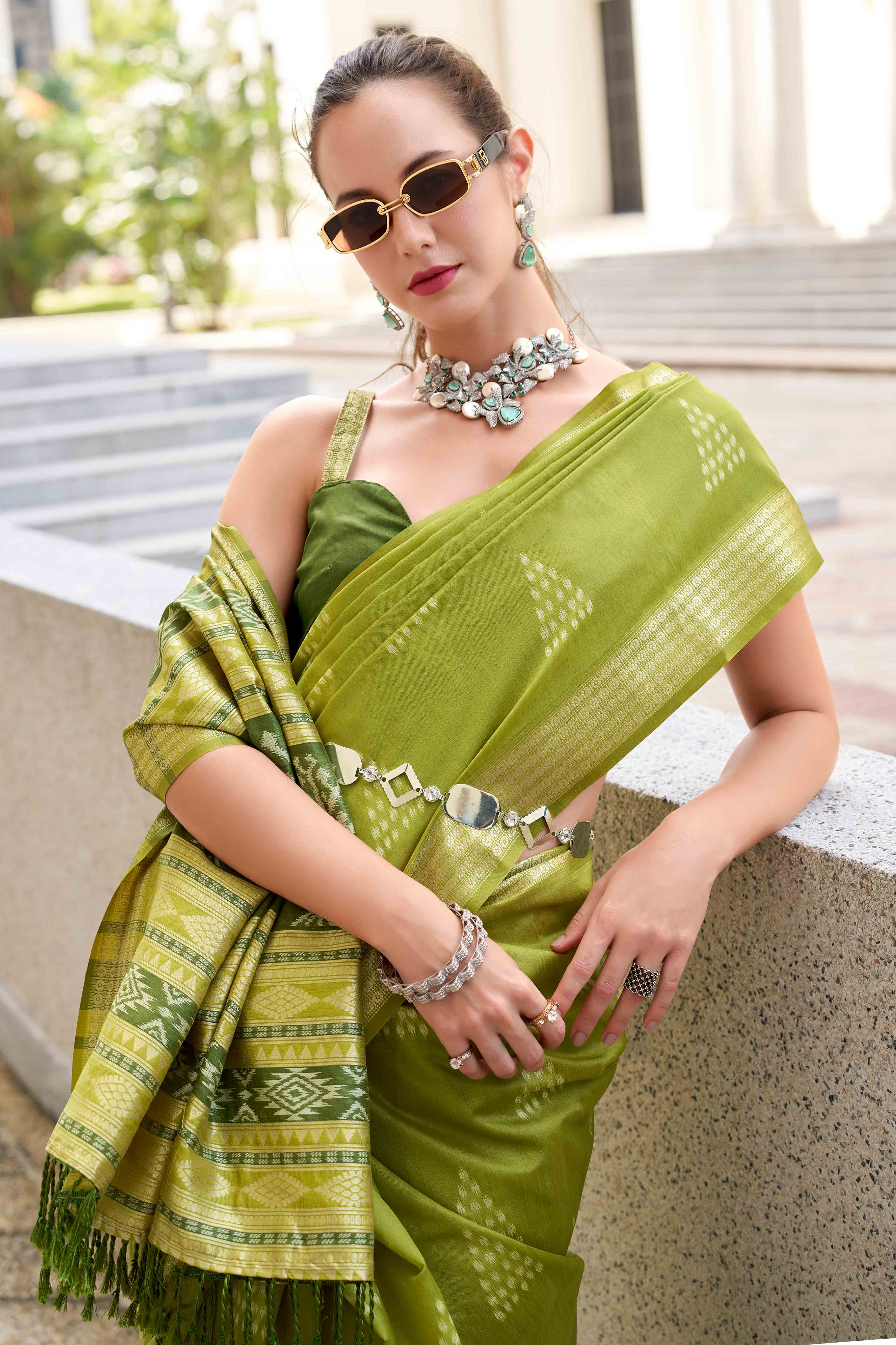 Green Ikkat Woven Rayon Silk Saree