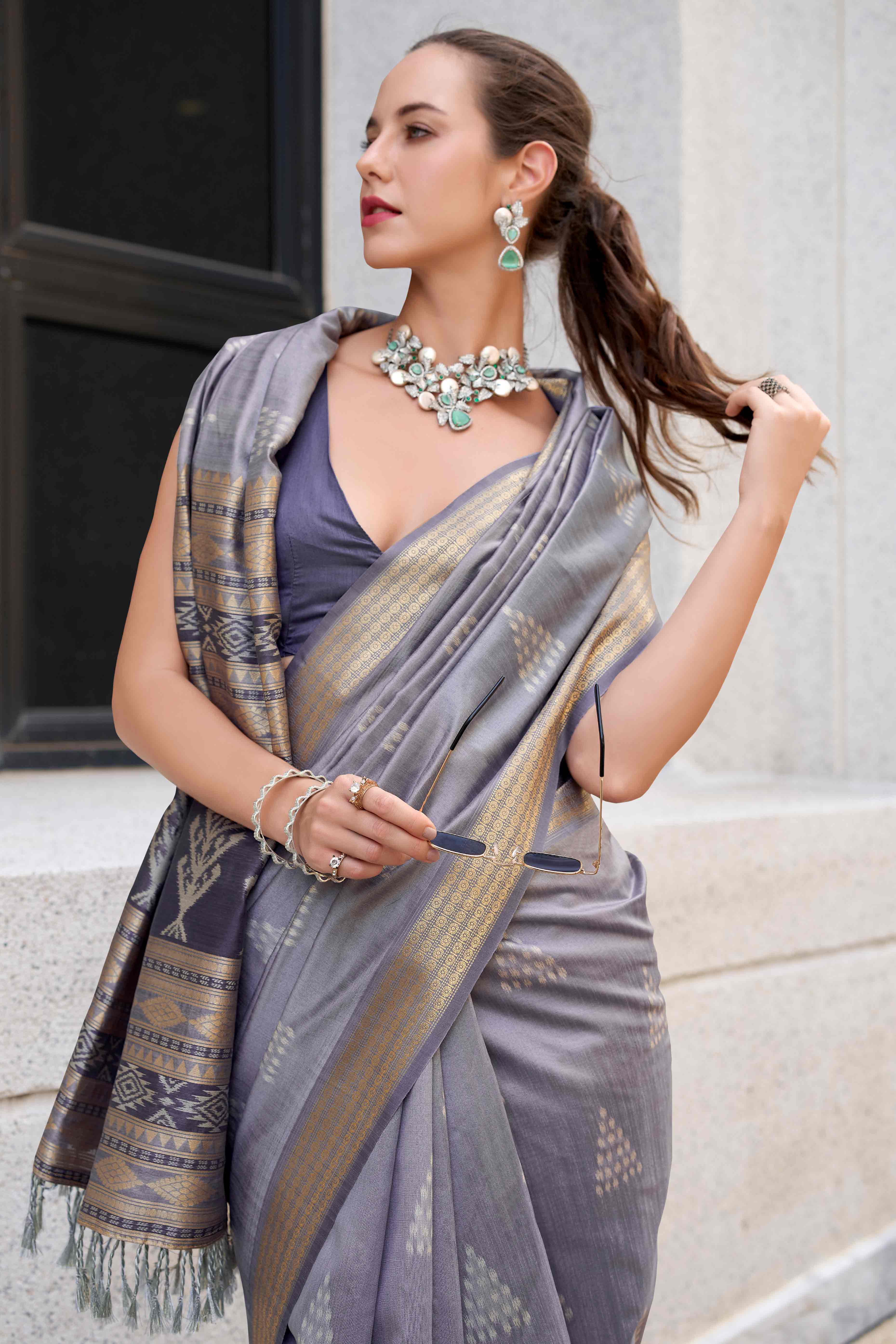 Grey Ikkat Woven Rayon Silk Saree
