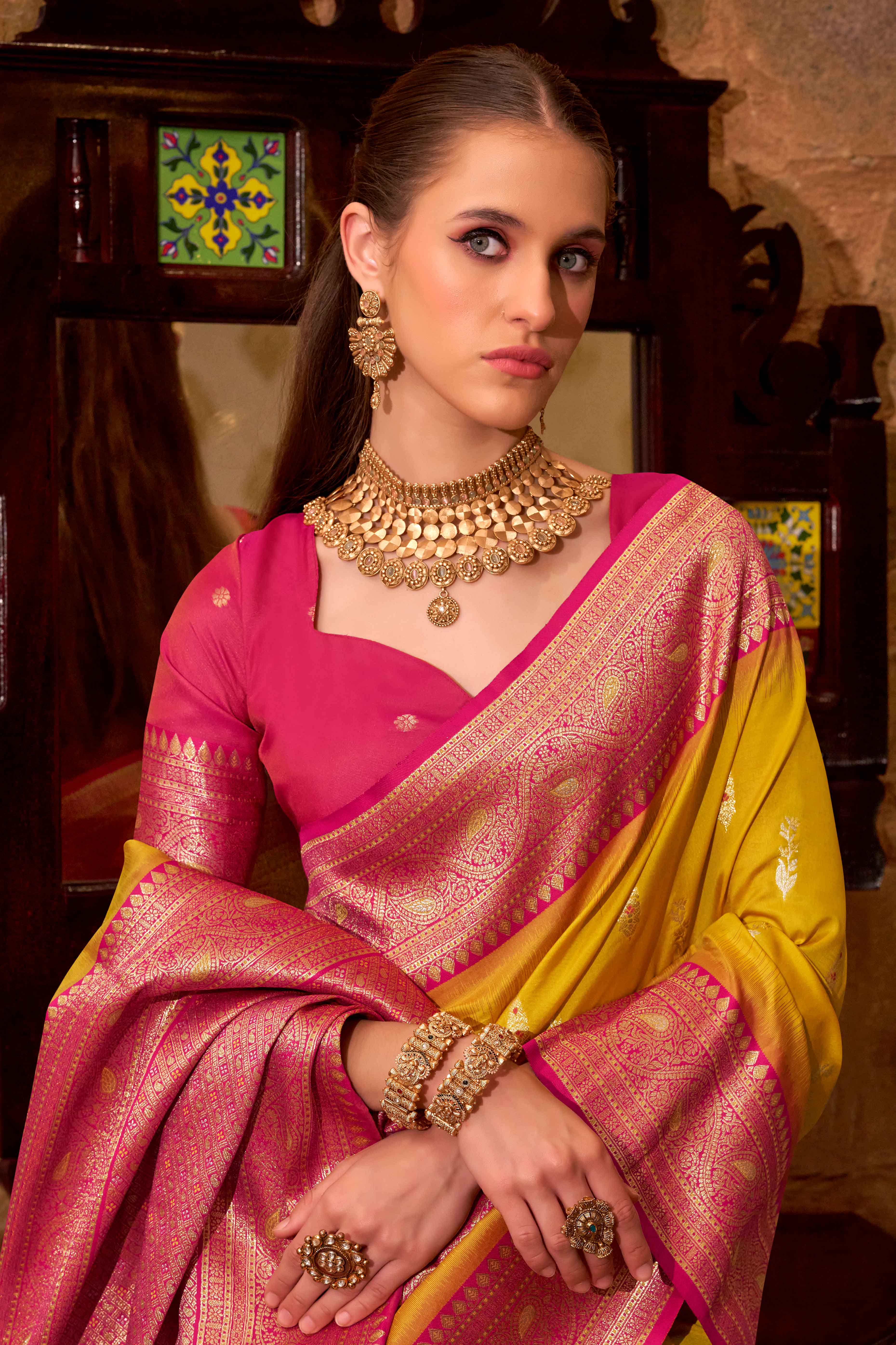 Mustard Pure Silk Saree With Intricate Floral Zari Weaving Work