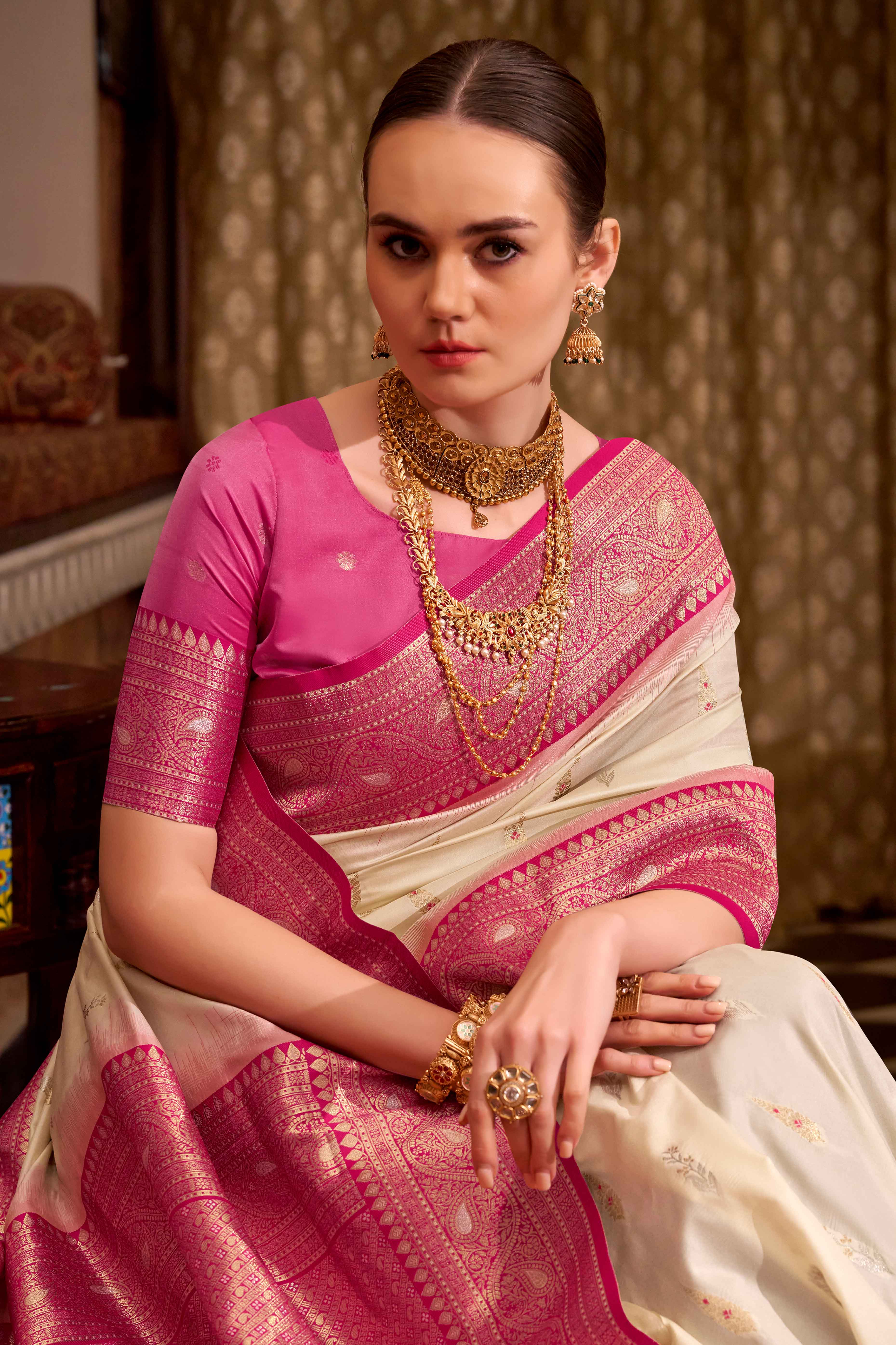 Cream Pure Silk Saree With Intricate Floral Zari Weaving Work