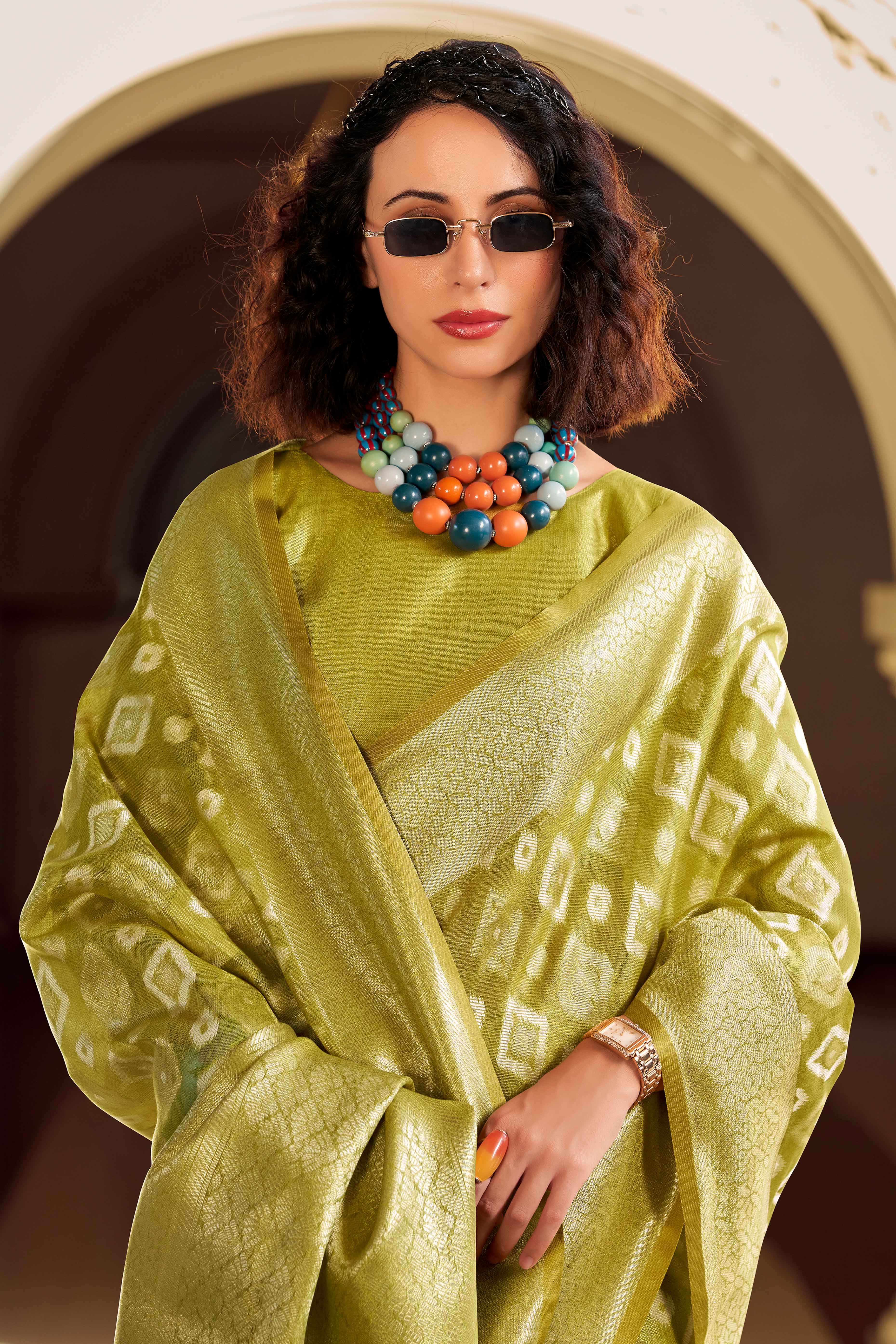 Olive Geometric Pattern Woven Tissue Silk Saree