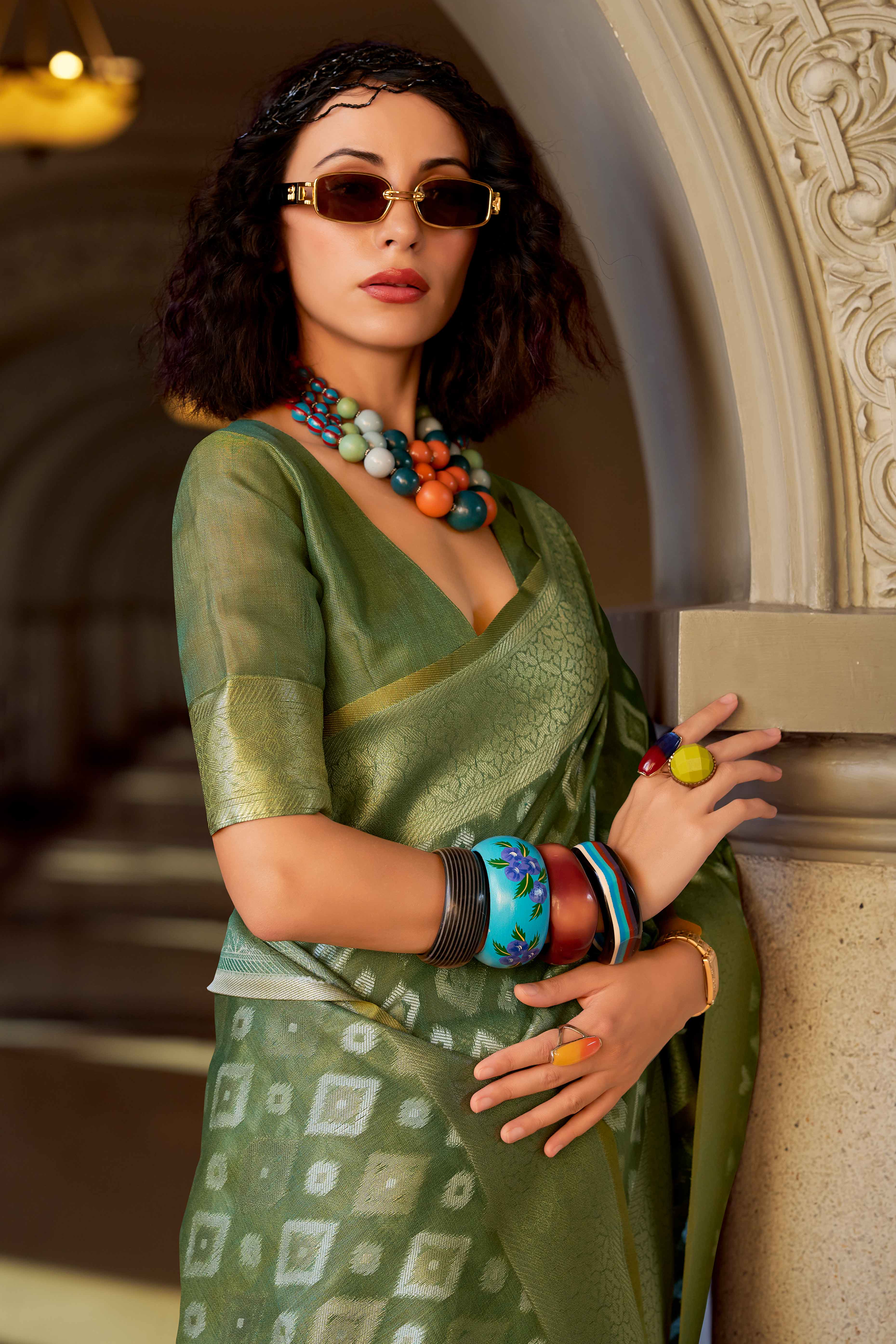 Green Geometric Pattern Woven Tissue Silk Saree